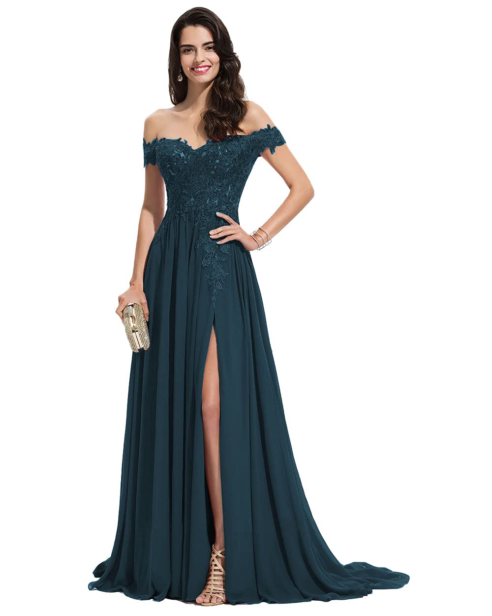 Elegant Teal Chiffon Prom Dress for Women - Long Formal Evening Gown with Lace Appliques & High Slit - Perfect for Bridesmaids, Homecoming, and Special Occasions - Size 16