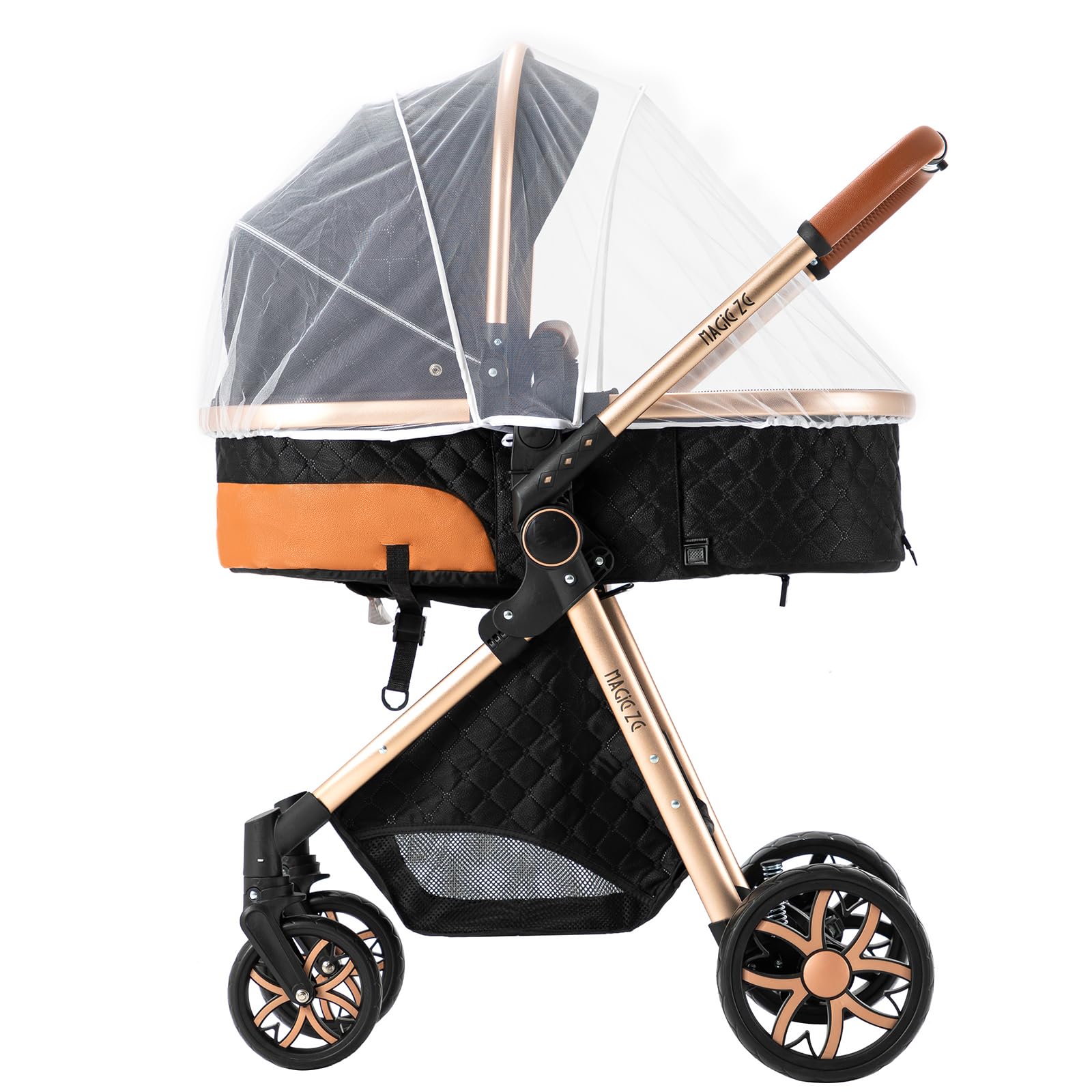 3 in 1 Baby Stroller Travel System - Reversible Newborn Foldable Pram with Infant High Landscape Pushchair, Portable Standard Stroller & Reclining Buggy | Perfect for Shopping, Travel & Outdoor Walks (MGV9-BLACKGOLD without Base)