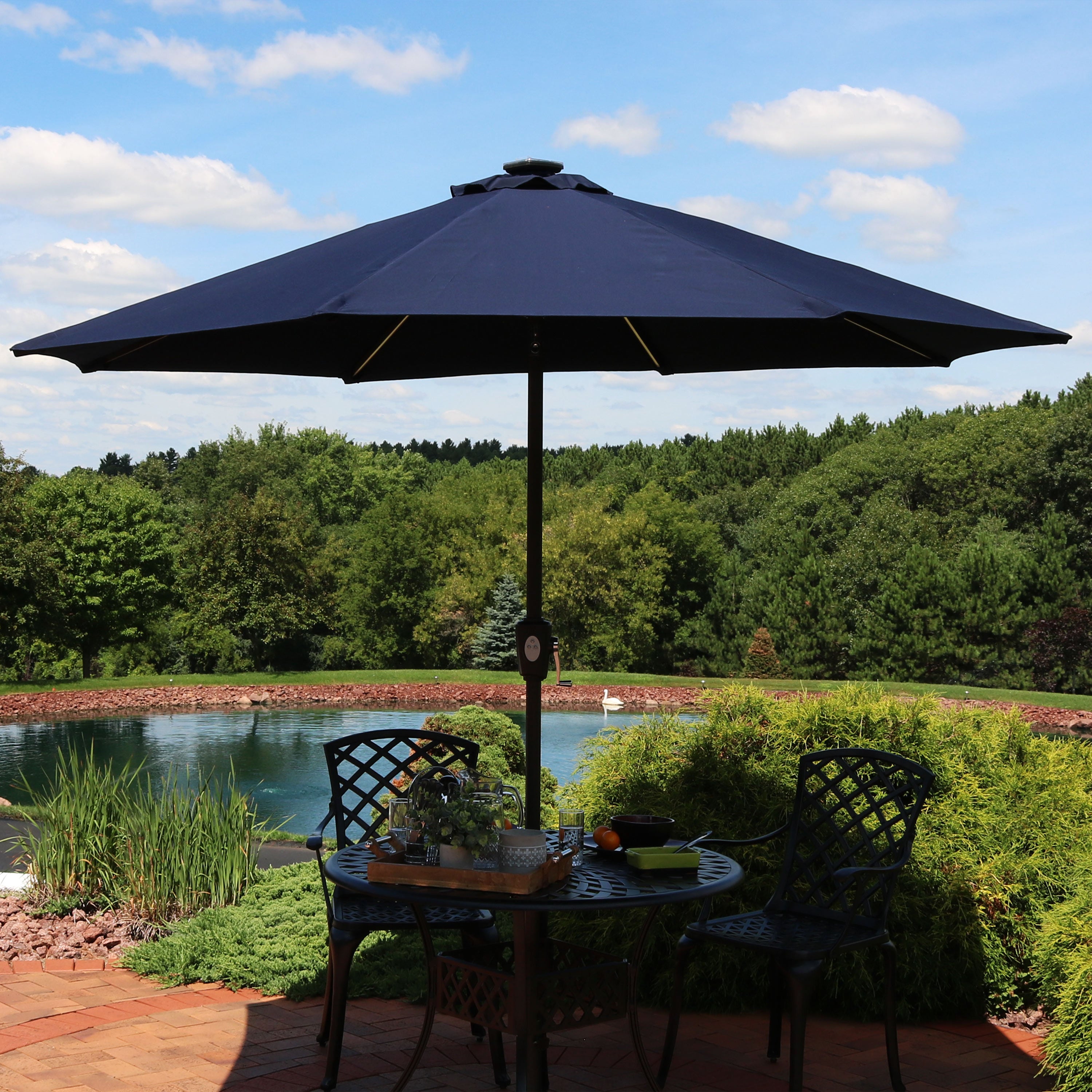 Sunnydaze 9 Foot Solar Sunbrella Patio Umbrella with Push Button Tilt & Crank - Perfect for Poolside, Backyard, and Outdoor Dining Areas
