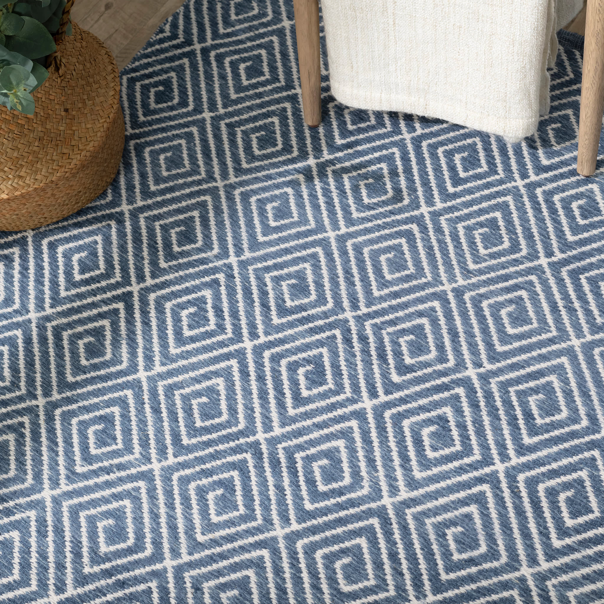 Geo Diamond Handwoven Wool Rug - Blue & Ivory | Soft & Durable Area Rug for Living Room, Bedroom, or Office Decor