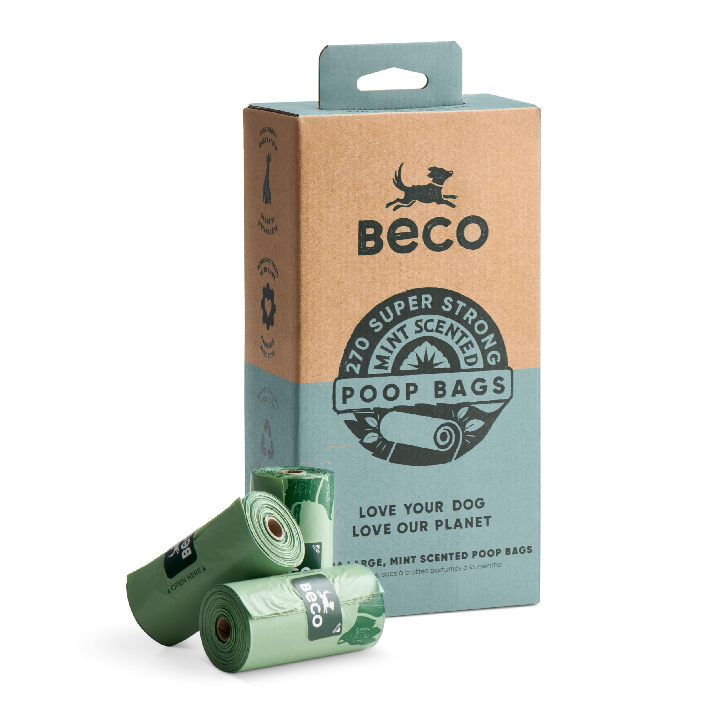 Beco Super Strong & Large Mint Scented Dog Poop Bags - 270 Refill Rolls (18