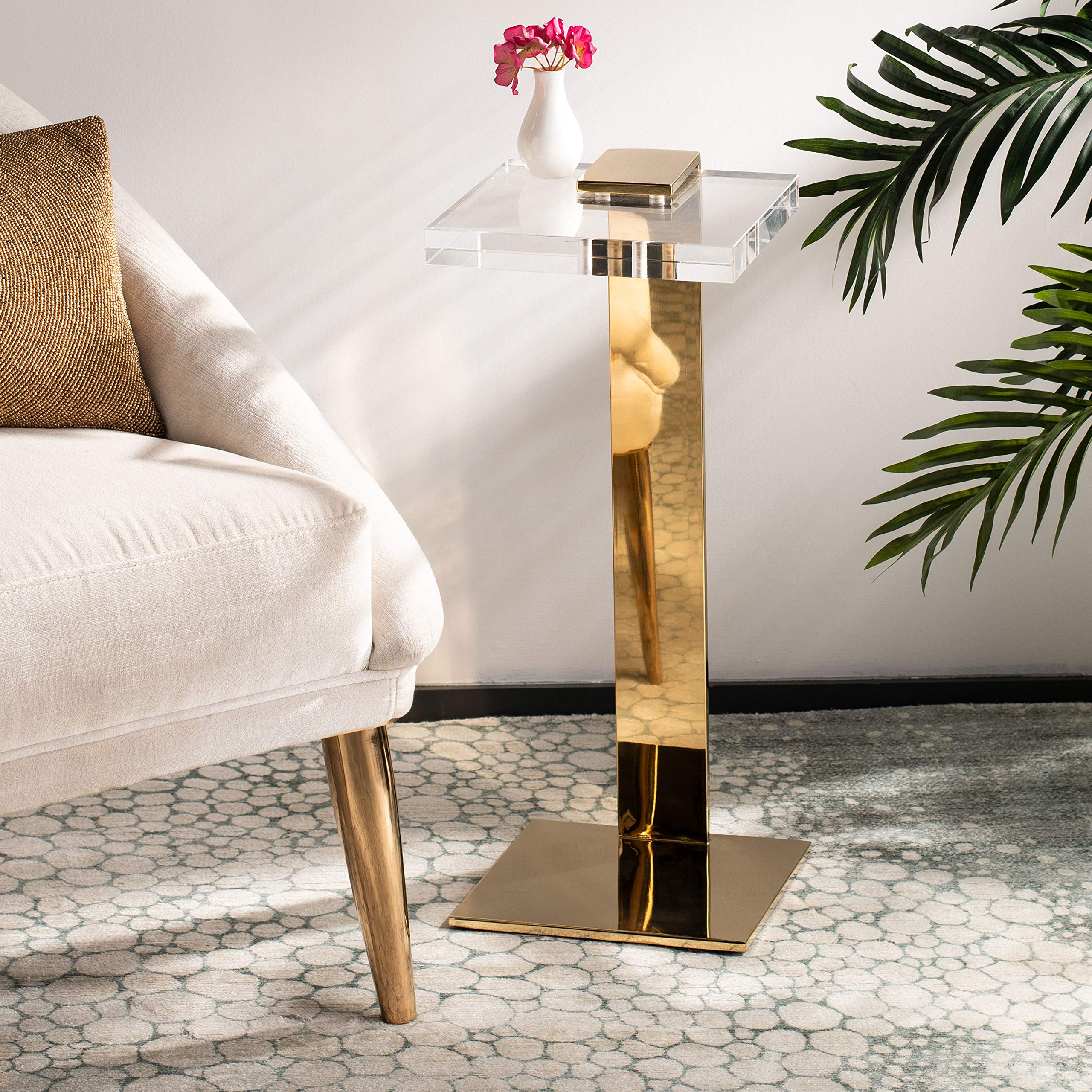 Safavieh Couture Glam Mars Clear and Brass Acrylic Drink Table - Modern Side Table for Living Room, Bedroom, or Patio - Perfect for Cocktails, Coffee, and Home Decor