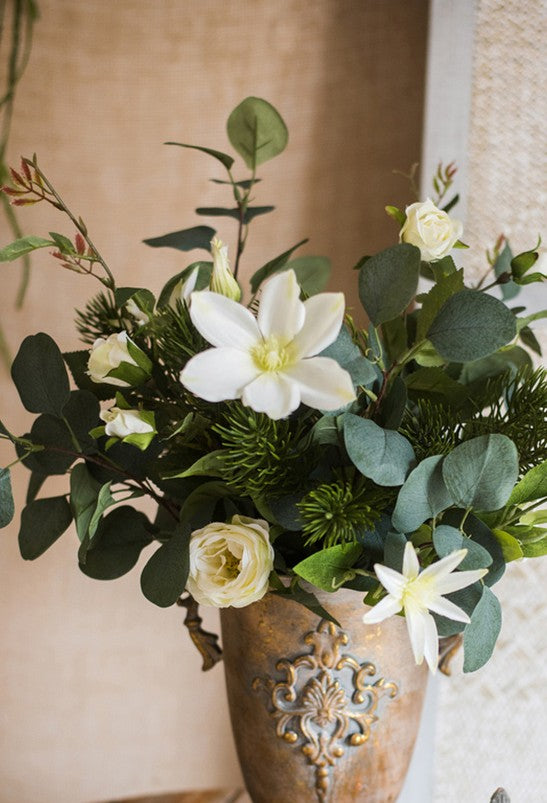 Eucalyptus Globulus, Clematis & White Rose Artificial Flower Arrangement - Modern Home Decor for Dining Table, Living Room & Wedding Centerpieces