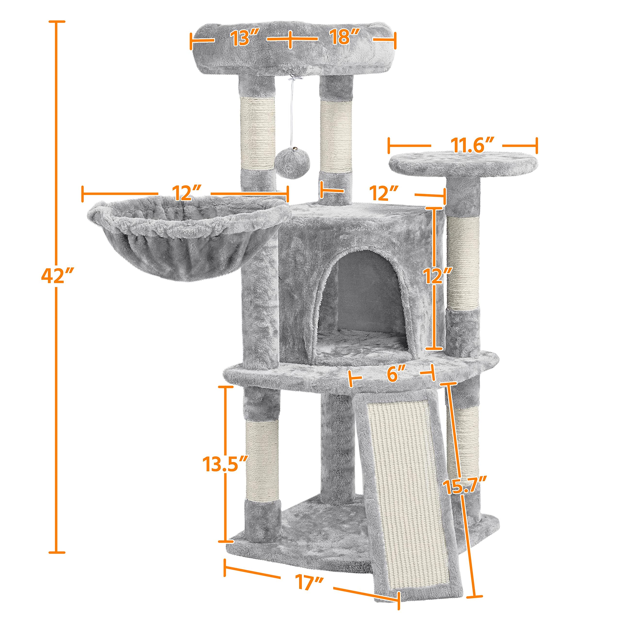 Topeakmart 42 Inch Cat Tree Tower for Indoor Cats - Multi-Level Cat Condo with Perch, Hammock & Scratching Posts - Durable Cat Activity Center & House in Light Gray - Perfect for Small Spaces & Playful Kittens