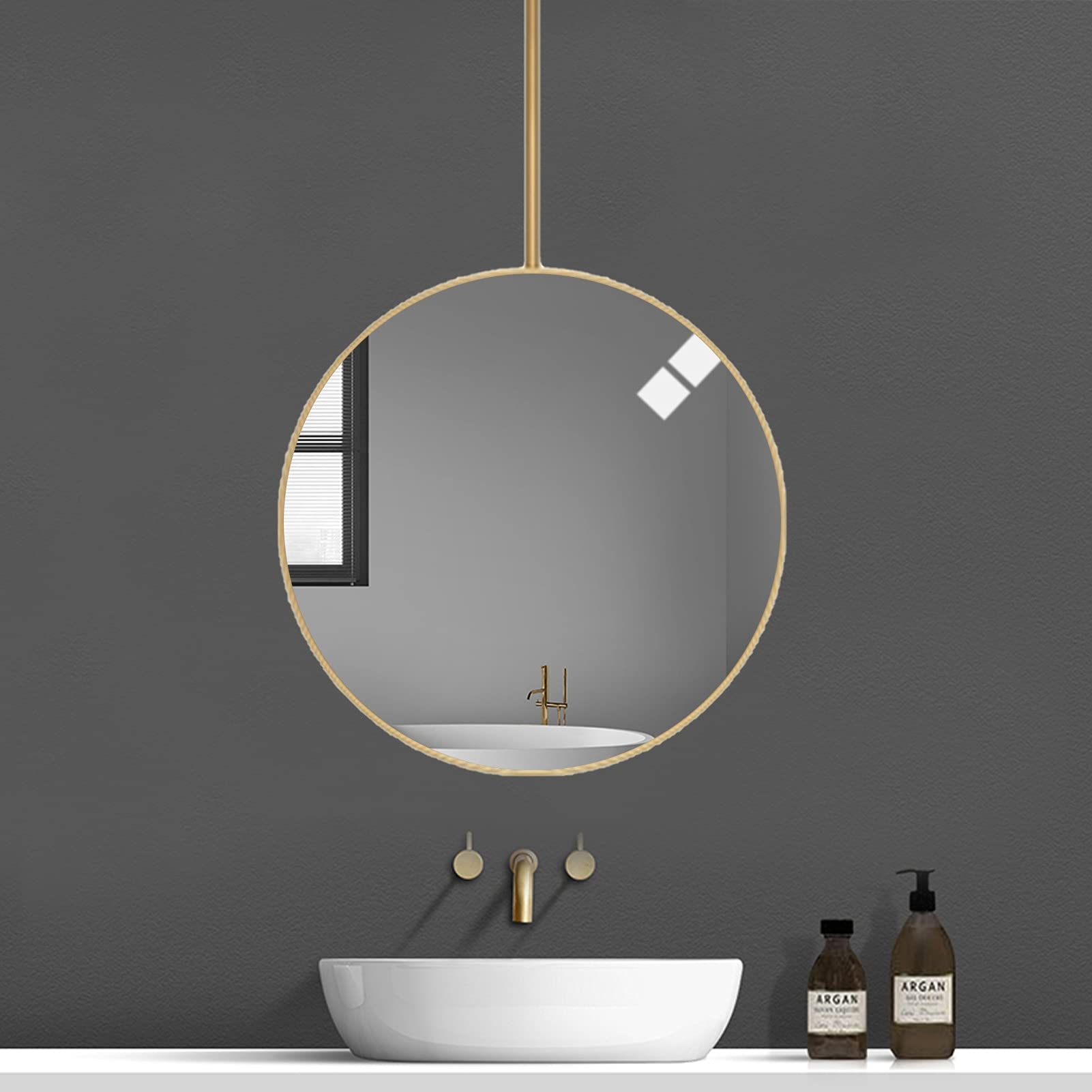Modern Round Ceiling Mounted Mirror - Adjustable Hanging Bathroom Mirror for Makeup & Shaving | Rustic Farmhouse Decor for Home, Hotel & Store | Durable Customizable Metal Boom Design - Perfect for Vanity, Dressing Room & Spa Settings