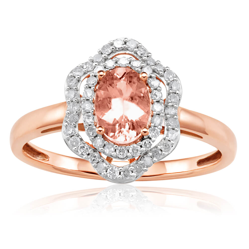 9ct Rose Gold Morganite & Diamond Floral Halo Ring - 7x5mm 0.65ct Morganite with 0.25ct Diamonds - Perfect for Engagement, Anniversary & Special Occasion Gifts