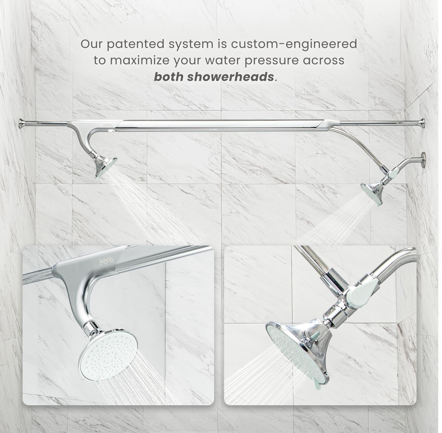 Boona Tandem Shower - Dual Shower Head for Couples, High Pressure Double Shower System with 3 Adjustable Spray Modes (King Krome Finish) - Perfect for Shared Bathrooms & Spa-Like Experience