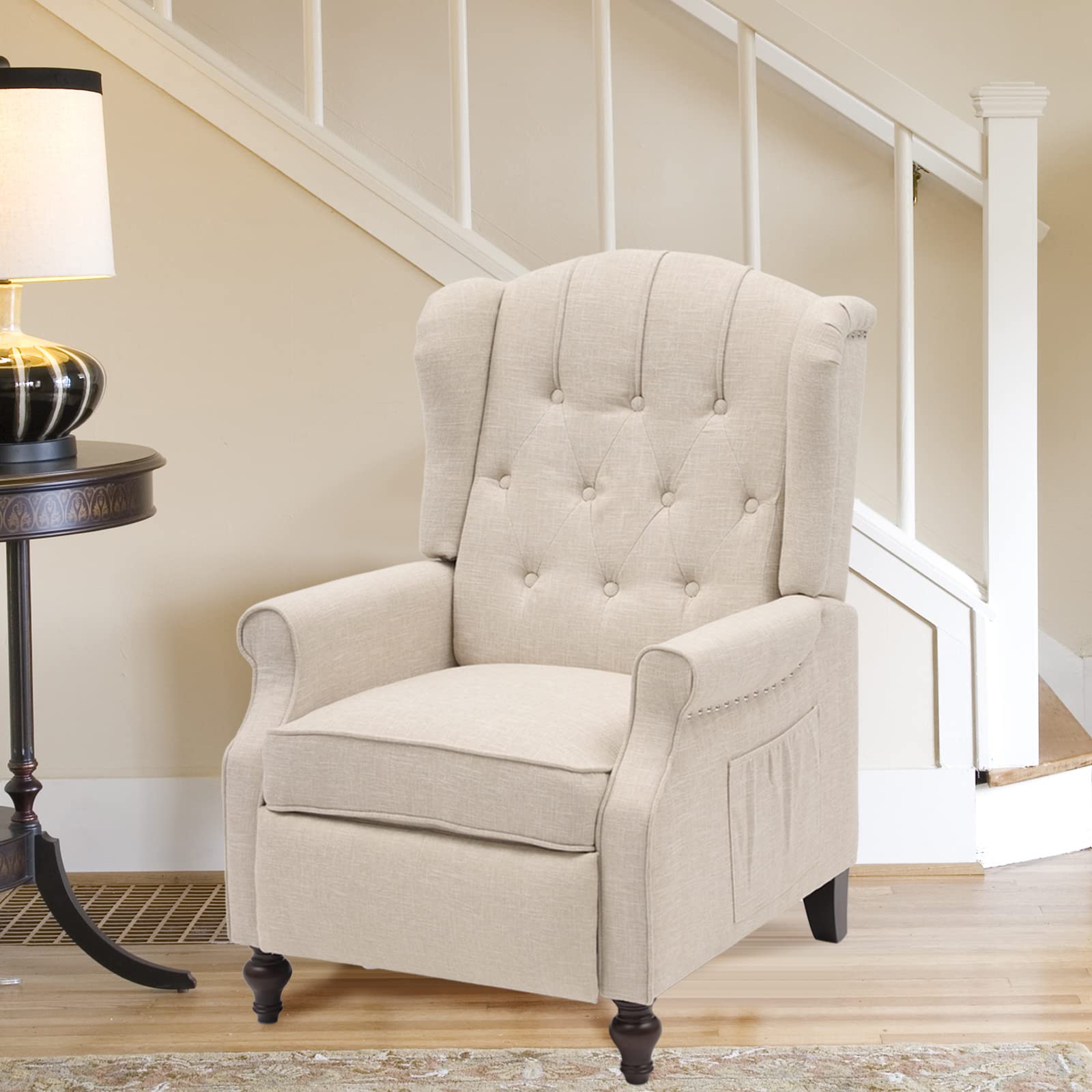 Premium Wingback Recliner Chair with Massage & Heat - Diamond Tufted Fabric Push Back Accent Chair with Side Pockets - Comfortable Reclining Armchair for Living Room, Bedroom, Home Theater (Beige) - Perfect for Relaxation, Reading & Movie Nights