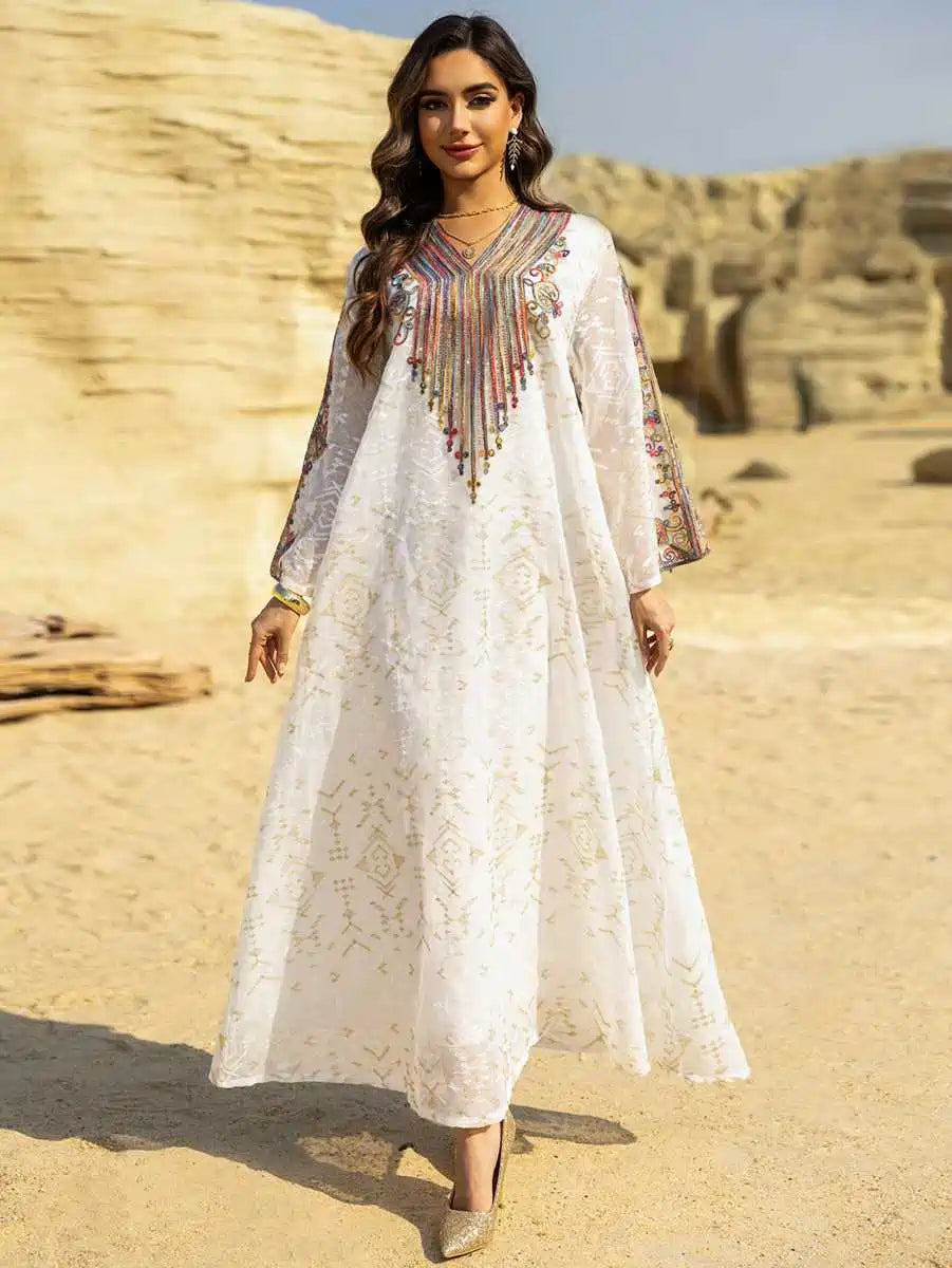 Elegant Eid Dress with Embroidery Applique - Flowy Caftan Kaftan Maxi Dress #25468 for Women - Perfect for Holiday Celebrations, Parties & Special Occasions