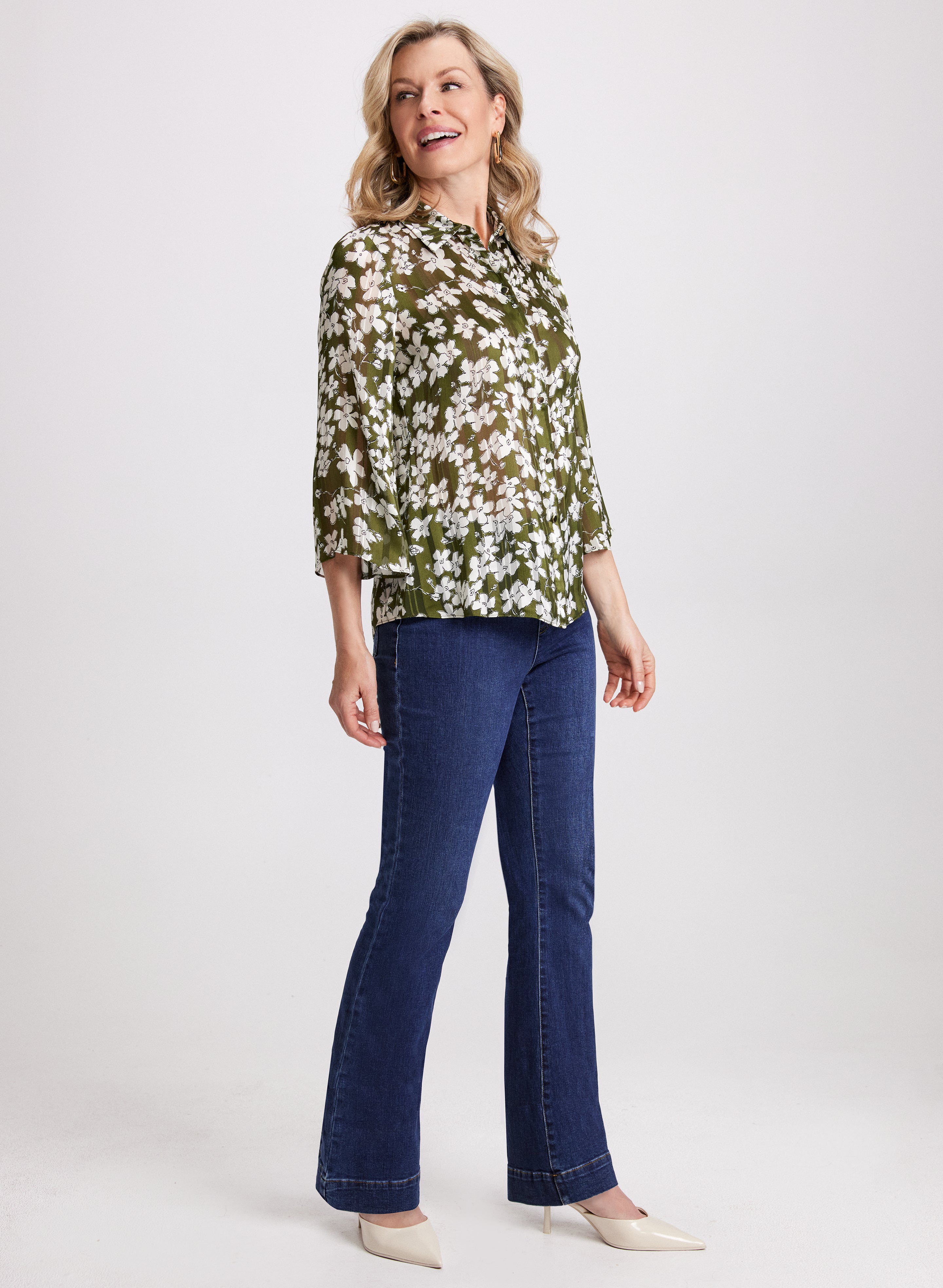 Floral Button Up Blouse for Women - Elegant Floral Print Long Sleeve Shirt, Perfect for Office, Date Night & Spring Outfits