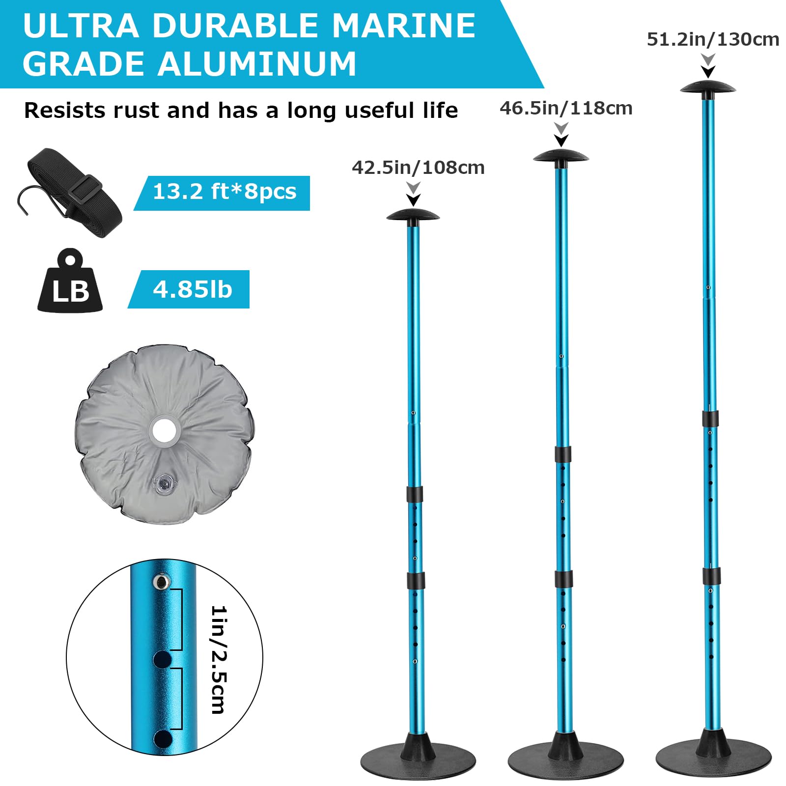 Adjustable Boat Cover Support Poles System - 2PC Blue Pontoon Cover Support with 8 Straps & 2 Water Bags for Jon Boat, V Hull, Pontoon | Rain & Snow Protection, Outdoor Storage, Marine Use
