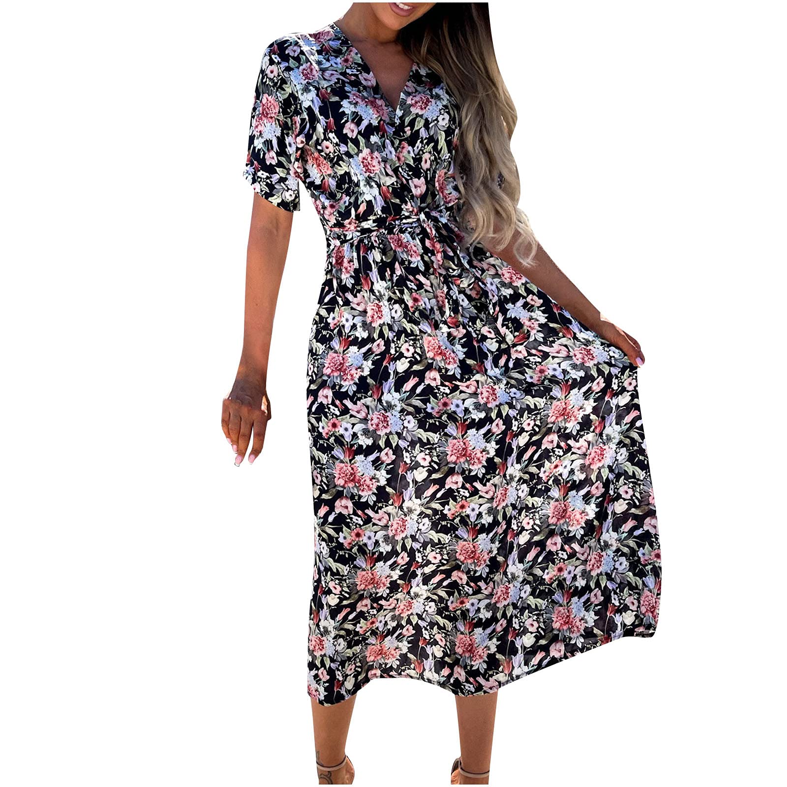 Boho Floral Print Beach Dress for Women - Short Sleeve V Neck Midi Sundress with Waist Tie | Perfect for Summer Vacations, Beach Parties & Casual Outings