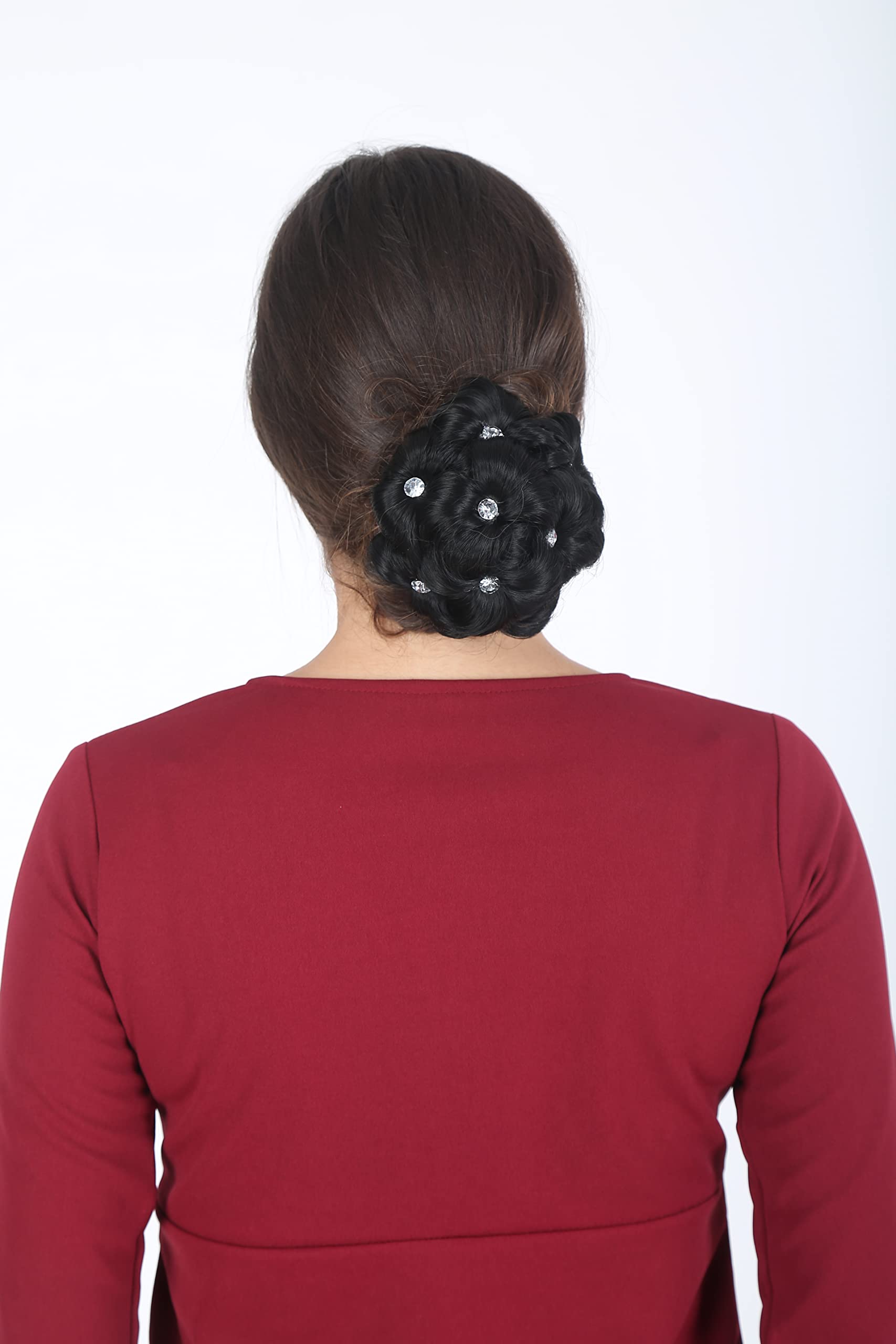 La Belleza Women's Hair Clutchers with Stones - Juda Bun Hair Extension - Artificial Synthetic Hair in Natural Black for Weddings, Parties & Special Occasions