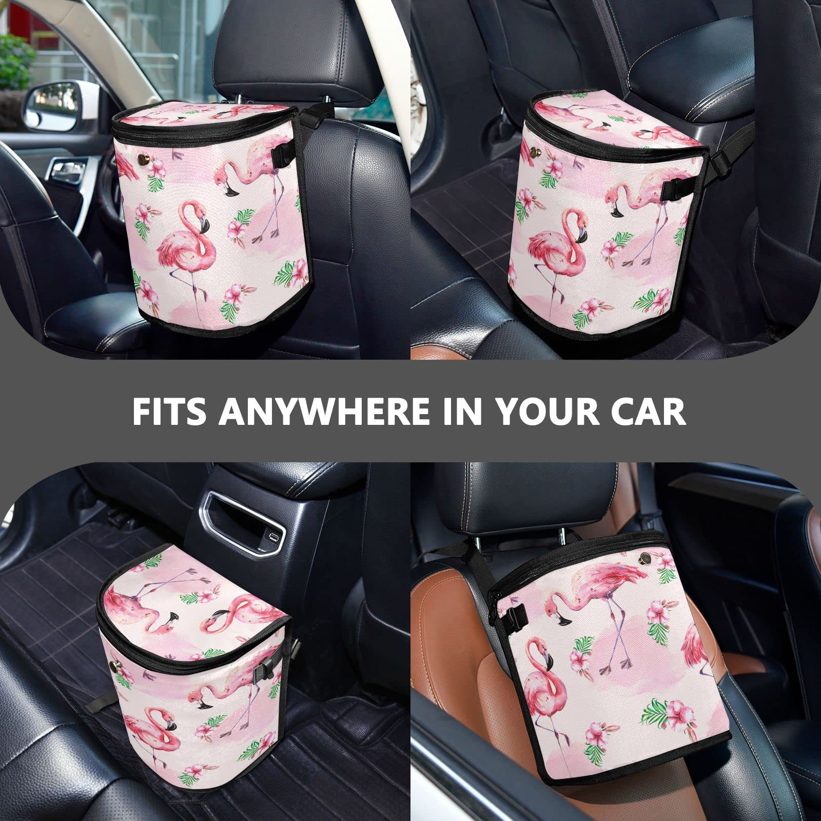 MNSRUU Leak-Proof Car Trash Can with Lid - Pink Watercolor Flamingo Design Hanging Car Garbage Bag Organizer for Front & Back Seat | Car Accessories, Road Trips, Travel & Daily Commute