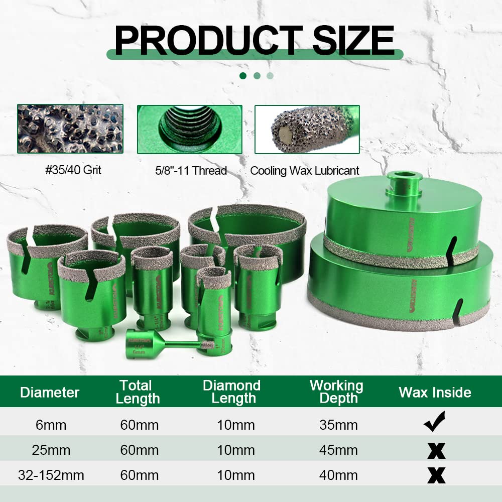 Diamond Hole Saw Set - 5pc Core Drill Bits 25/35/50/65/102mm with 1pc 25mm Diamond Milling Bit (58-11 Thread) for Porcelain, Ceramic, Tile, Granite, Marble - Perfect for Angle Grinder, Bathroom Renovation & Stone Cutting Projects