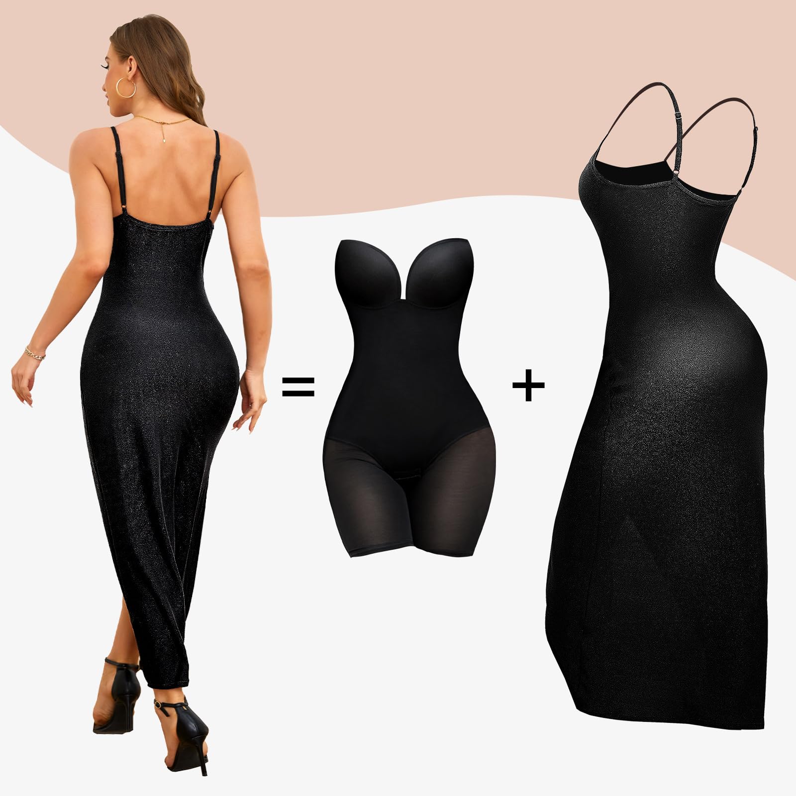 Elegant Women's Wedding Guest Shapewear Dress with Built-in Bra - Layered Formal Spaghetti Strap Backless Bodycon Slip Dress for Parties, Cocktail Events & Special Occasions