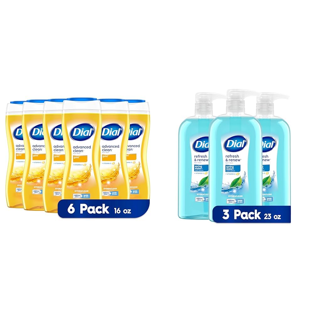 Dial Body Wash Bundle - Advanced Clean Gold, 16 fl oz (6 Pack) + Refresh & Renew Spring Water, 23 fl oz (3 Pack) | Hydrating Shower Gel Set for Men & Women | Perfect for Daily Use, Gym, Travel & Gift Giving