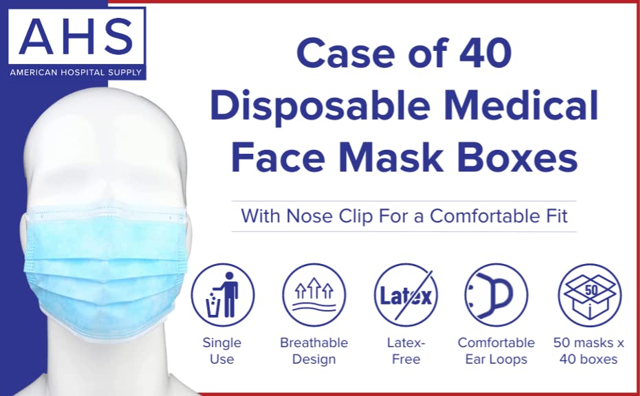 (AHS) Disposable Blue 3-Ply Earloop Face Masks - 2000 Pack (40 Boxes x 50pcs) | Comfortable Breathable Adult Face Coverings for Daily Use, Work, Travel & Public Safety Protection