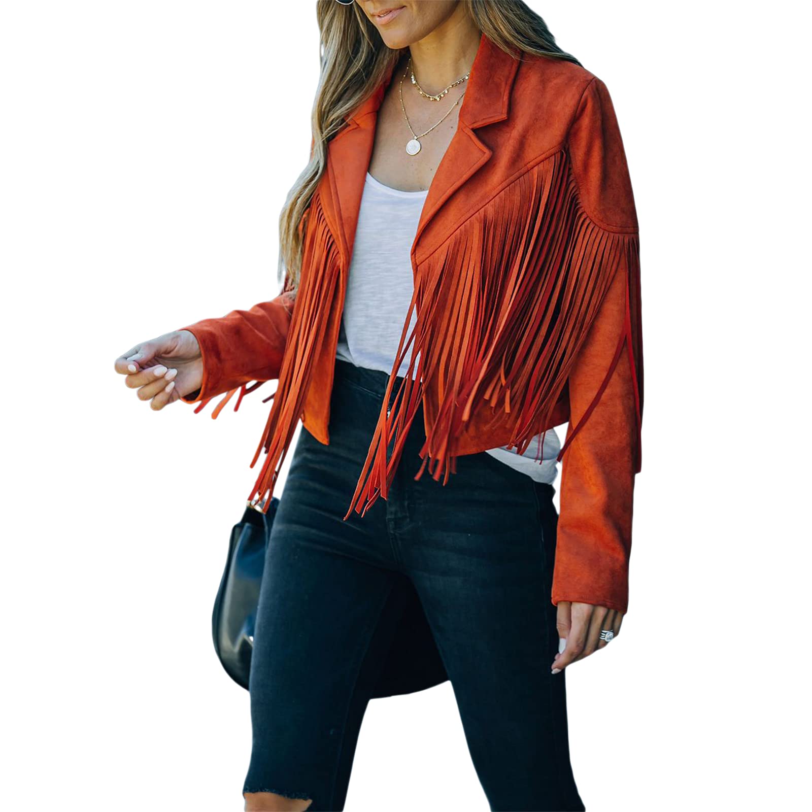 Vintage Women's Faux Suede Cropped Jacket with Tassels - Long Sleeve Boho Western Coat for Hippie Style | Perfect for Music Festivals, Casual Outings & Boho Fashion