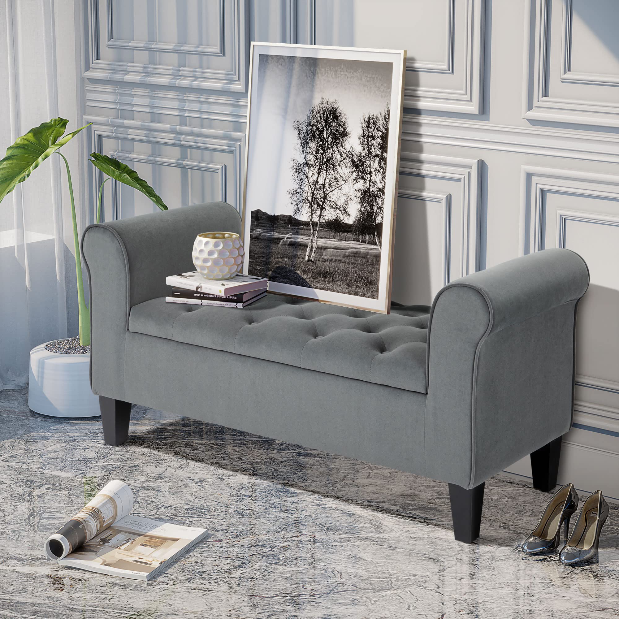 HOMCOM Button-Tufted Storage Ottoman Bench with Rolled Armrests - Upholstered Gray Footrest Seat for Living Room, Bedroom or Hallway - Perfect for Extra Seating & Hidden Storage