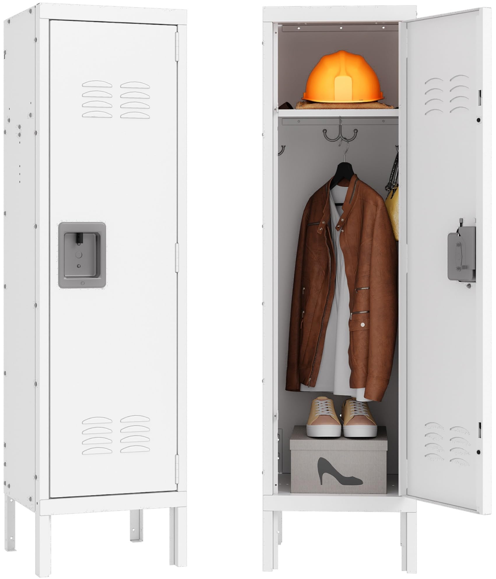 White Metal Storage Locker with Hooks - Single Door Steel Locker for Home, Office, Gym & School - Secure Employee Storage Solution for Clothes, Shoes & Personal Items