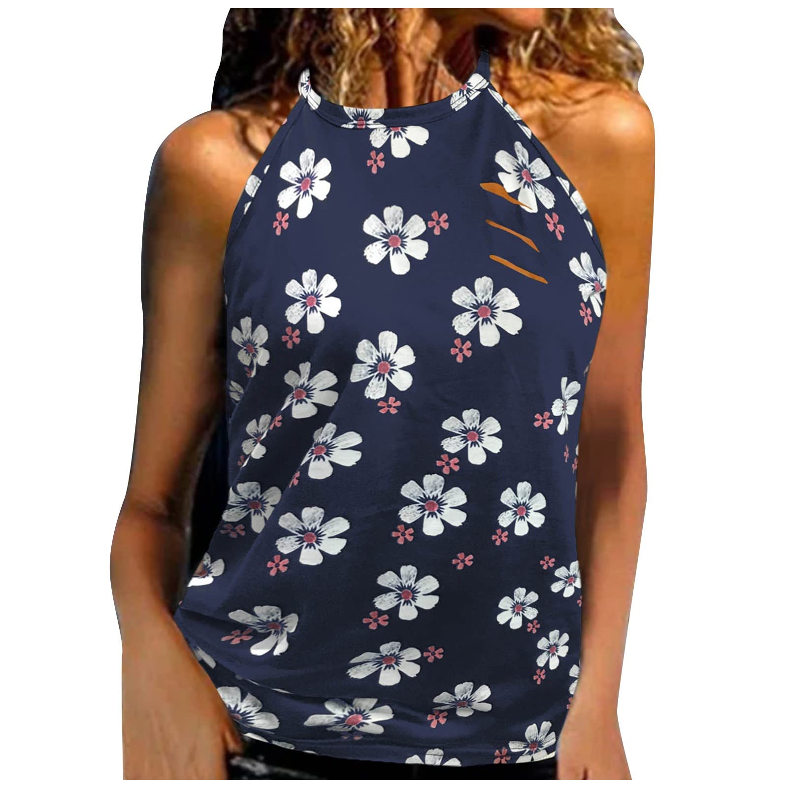 Women's Floral Print Sleeveless T-Shirt - Summer Round Neck Pullover Blouse for Casual Wear & Outdoor Activities | Mebamook