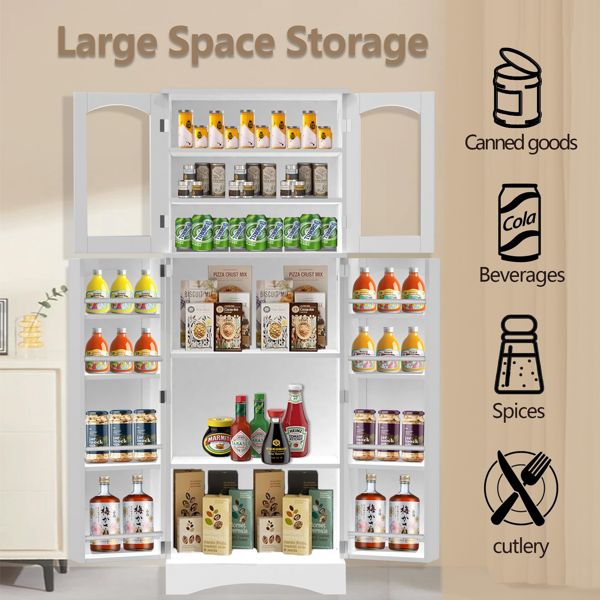 White Kitchen Pantry Cabinet with Glass Doors & Adjustable Shelves - Freestanding Tall Food Storage Cabinet for Kitchen, Living Room, Dining Room - Perfect for Organizing Dry Goods, Dishes & Home Decor
