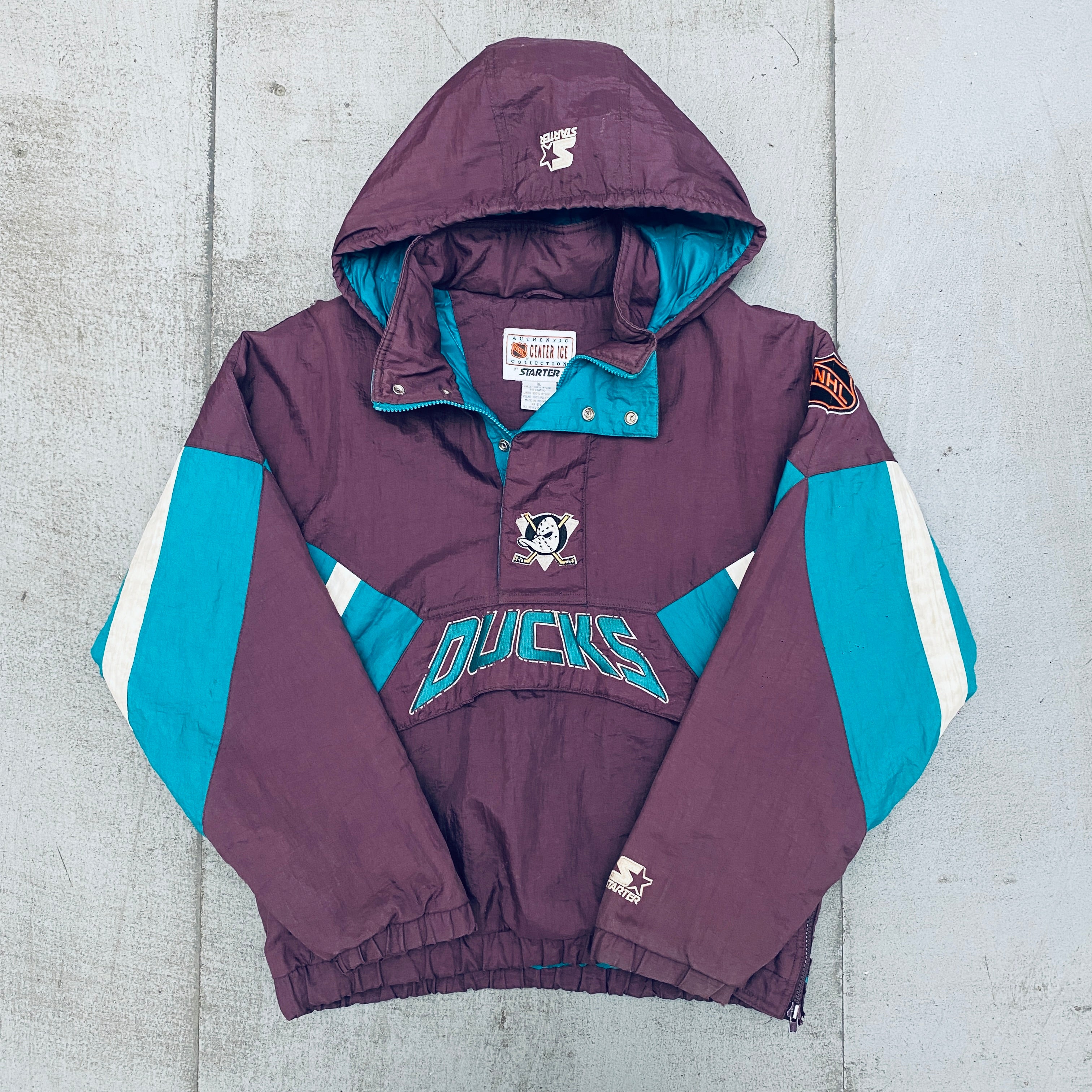 Vintage 1990s Mighty Ducks of Anaheim 1/4 Zip Breakaway Jacket - Men's Medium - Retro Hockey Pullover for Fans & Collectors - Perfect for Game Day, Cosplay, and 90s Nostalgia Fashion