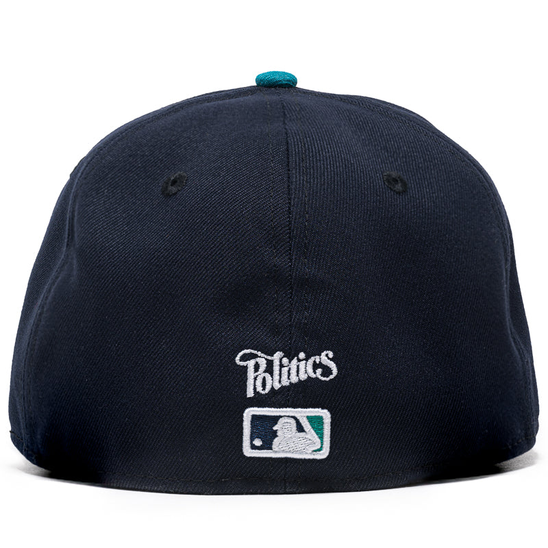 New Era x Politics Seattle Mariners 59FIFTY Fitted Baseball Cap - Navy/Teal - Official MLB Licensed Hat for Men & Women - Perfect for Games, Collecting & Streetwear Fashion