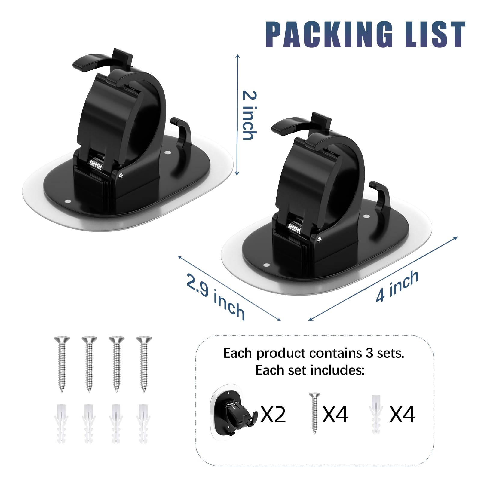 2 Pack No Drill Curtain Rod Brackets - Self Adhesive Adjustable Curtain Hooks for Bathroom & Kitchen - Strong Hold No Nails Needed - Perfect for Renters & Dorm Rooms (Black)