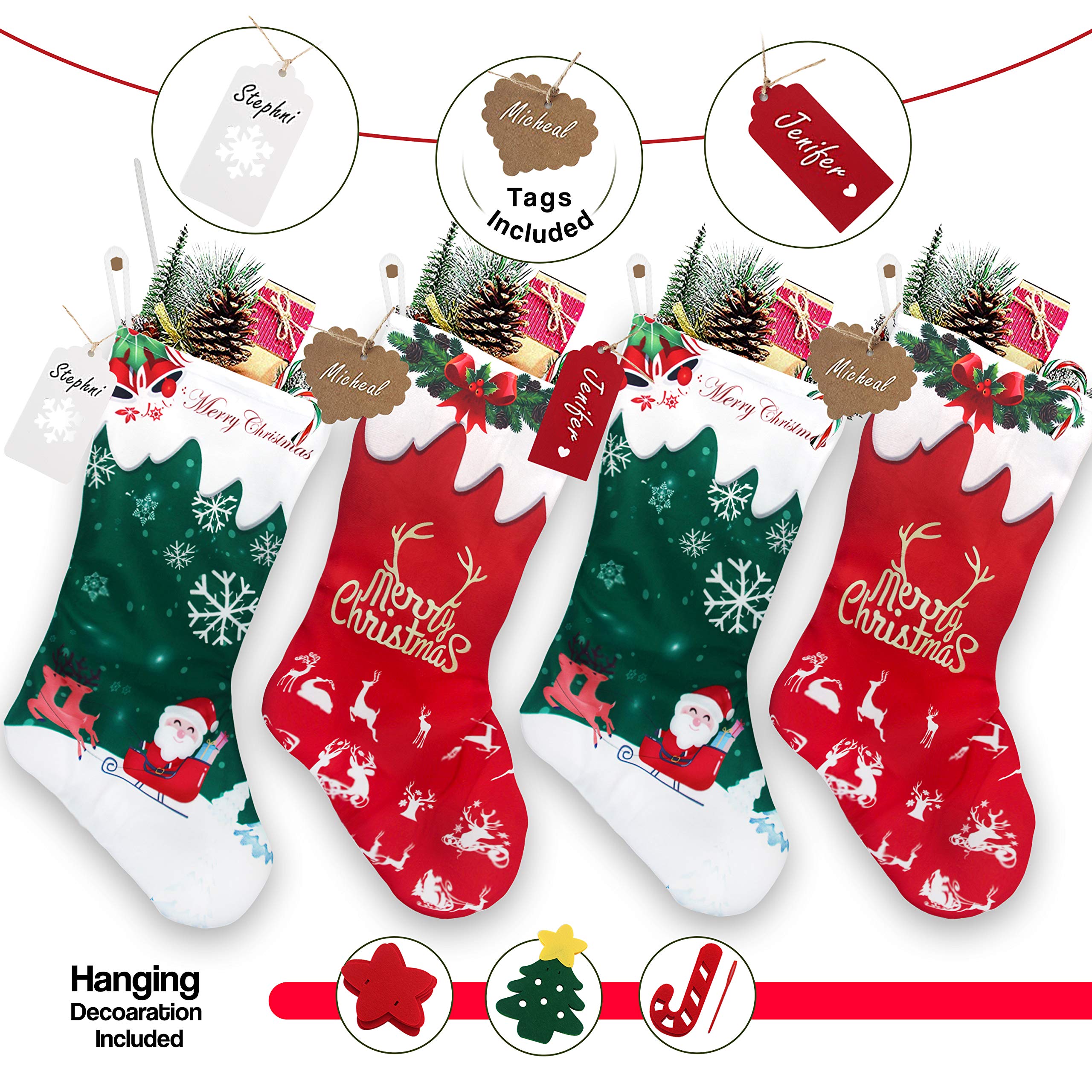 Personalized Christmas Stockings 4 Pack - 18 Inch Large Xmas Stockings with 50 Name Tags, Custom Holiday Decor for Fireplace, Tree & Home - Perfect for Family Gifts & Festive Decorations