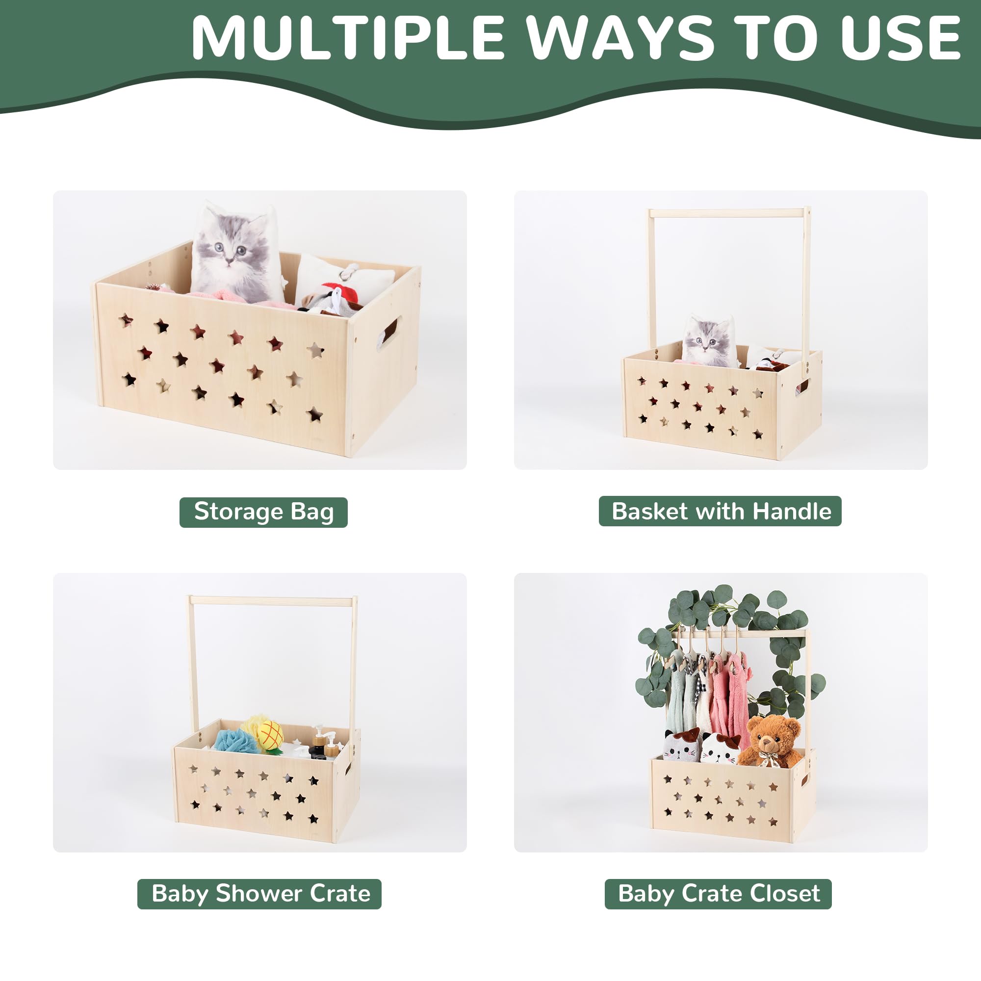 Wooden Baby Shower Gift Crate - Handmade Storage Basket with Handle & Garland Hangers - Perfect for Newborn Boy or Girl - Pregnancy Gift for New Parents - Large Nursery Organizer for Baby Clothes, Toys & Essentials