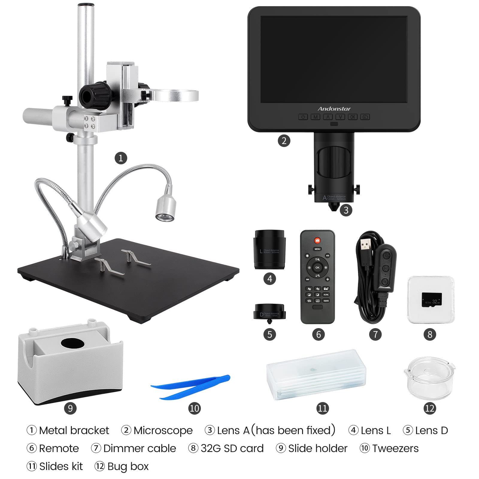 Andonstar AD246-M Digital Microscope with 3 Lenses - 7 Inch LCD 500x Magnification, 1080P FHD Video Recording, 32GB Card Included - Perfect for Soldering, Coin Inspection, Biology Studies & Electronics Repair