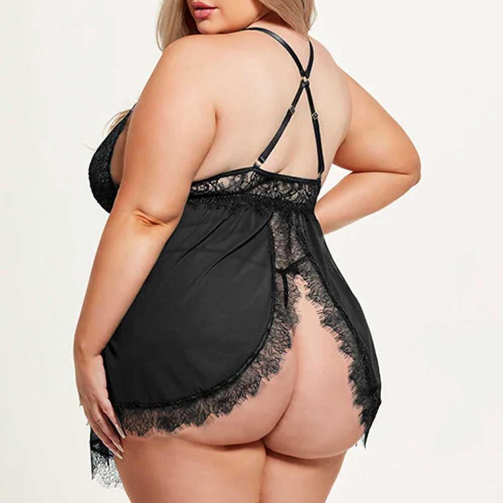 House of Desire Mila Open Back Eyelash Lace Babydoll & Thong Set - Plus Size Lingerie for Women | Perfect for Valentine's Day, Bridal Shower & Romantic Nights