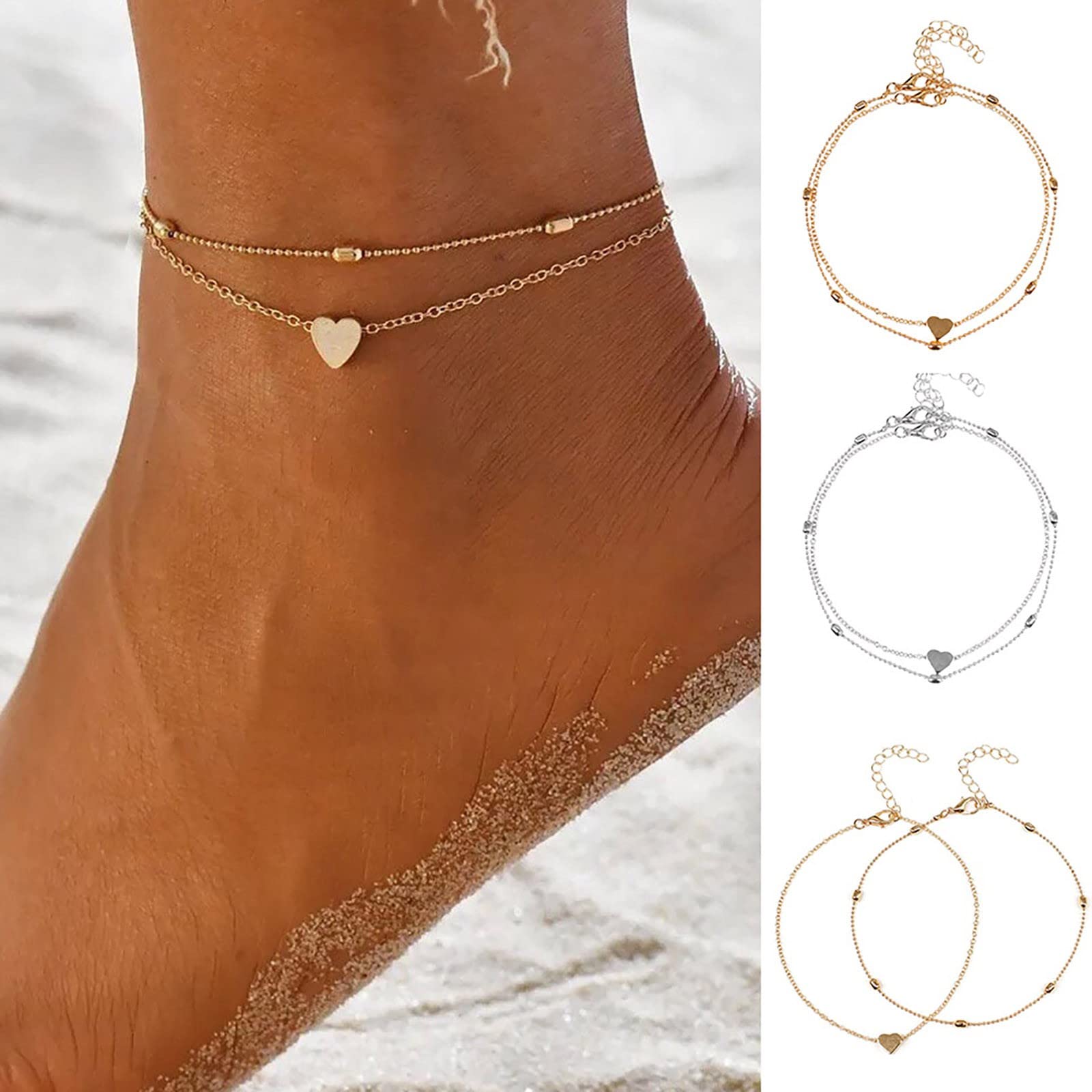 2Pcs Adjustable Heart Ankle Bracelets for Women - Romantic Love Shape Layered Anklet Set, Perfect Couple Bracelets for Girlfriend | Beach Jewelry, Anniversary Gift, Valentine's Day Present