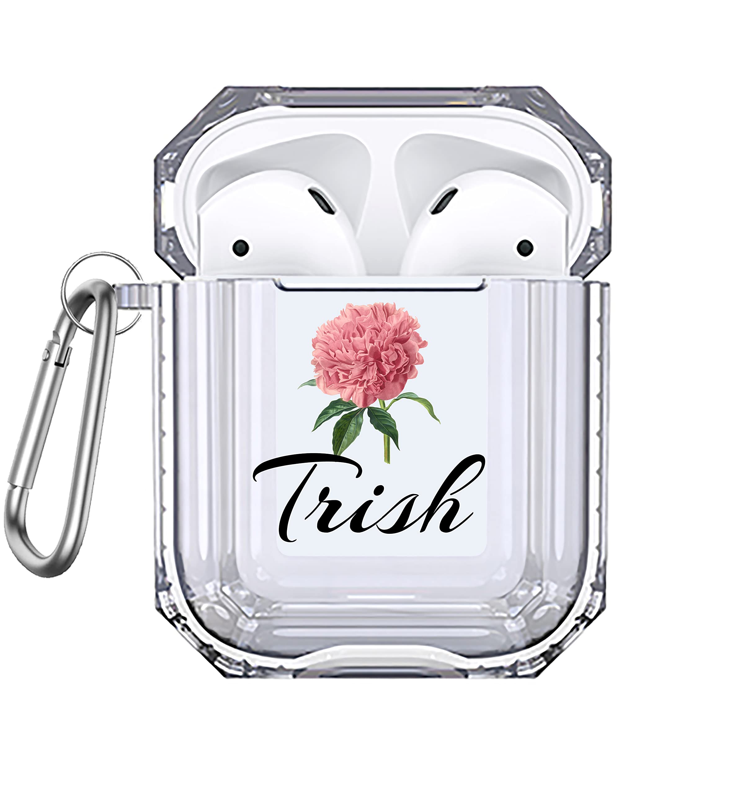 Personalized Pink Peony Flower AirPods Case with Keychain - Custom Name & Initials for AirPods 1/2/3/Pro - Cute Protective Cover for School, Work & Travel Accessories