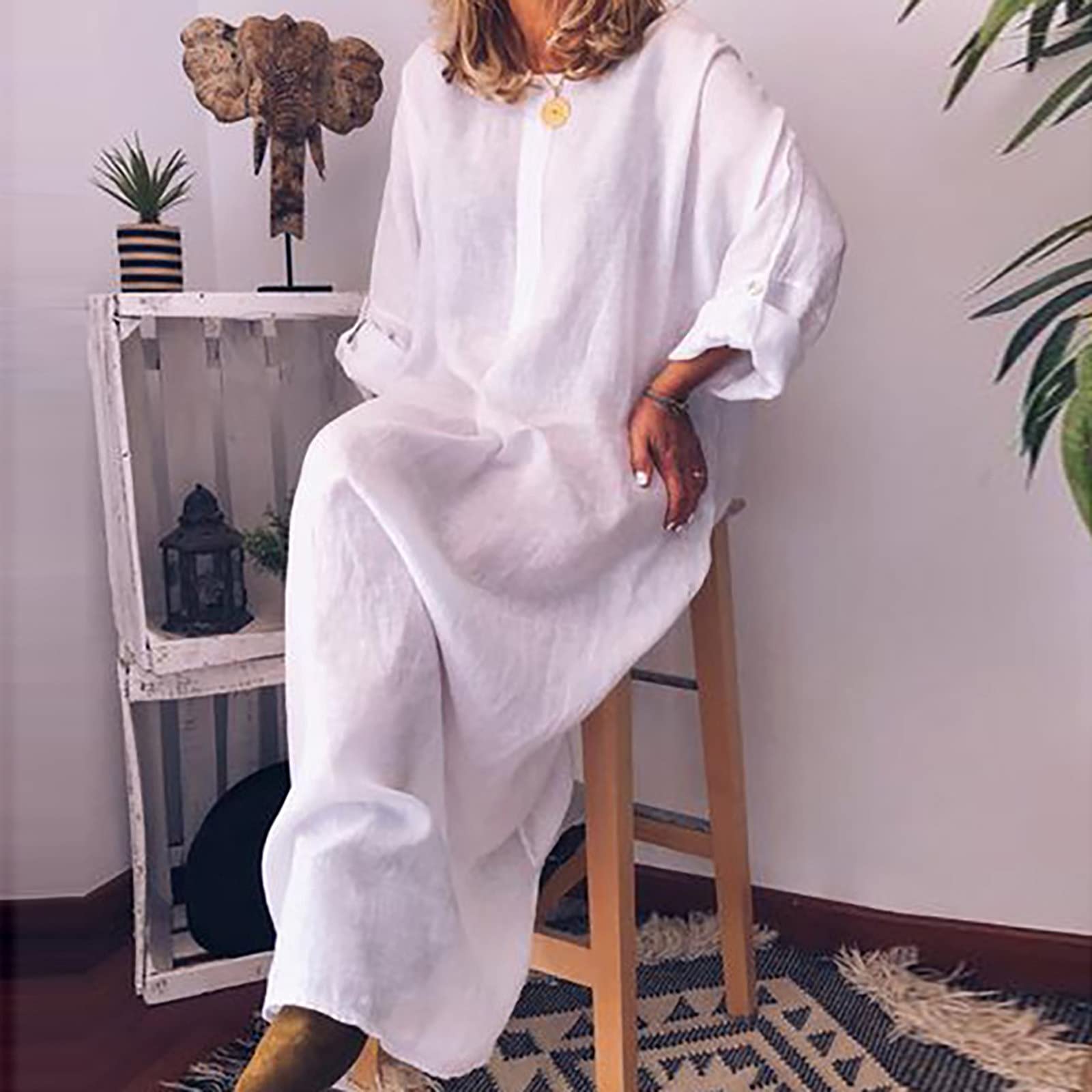 Women's Cotton Linen Maxi Dress with Pockets - Loose Fit Long Sleeve Kaftan Sundress for Summer | Beach Cover Up, Boho Chic Outfit, Casual Daywear