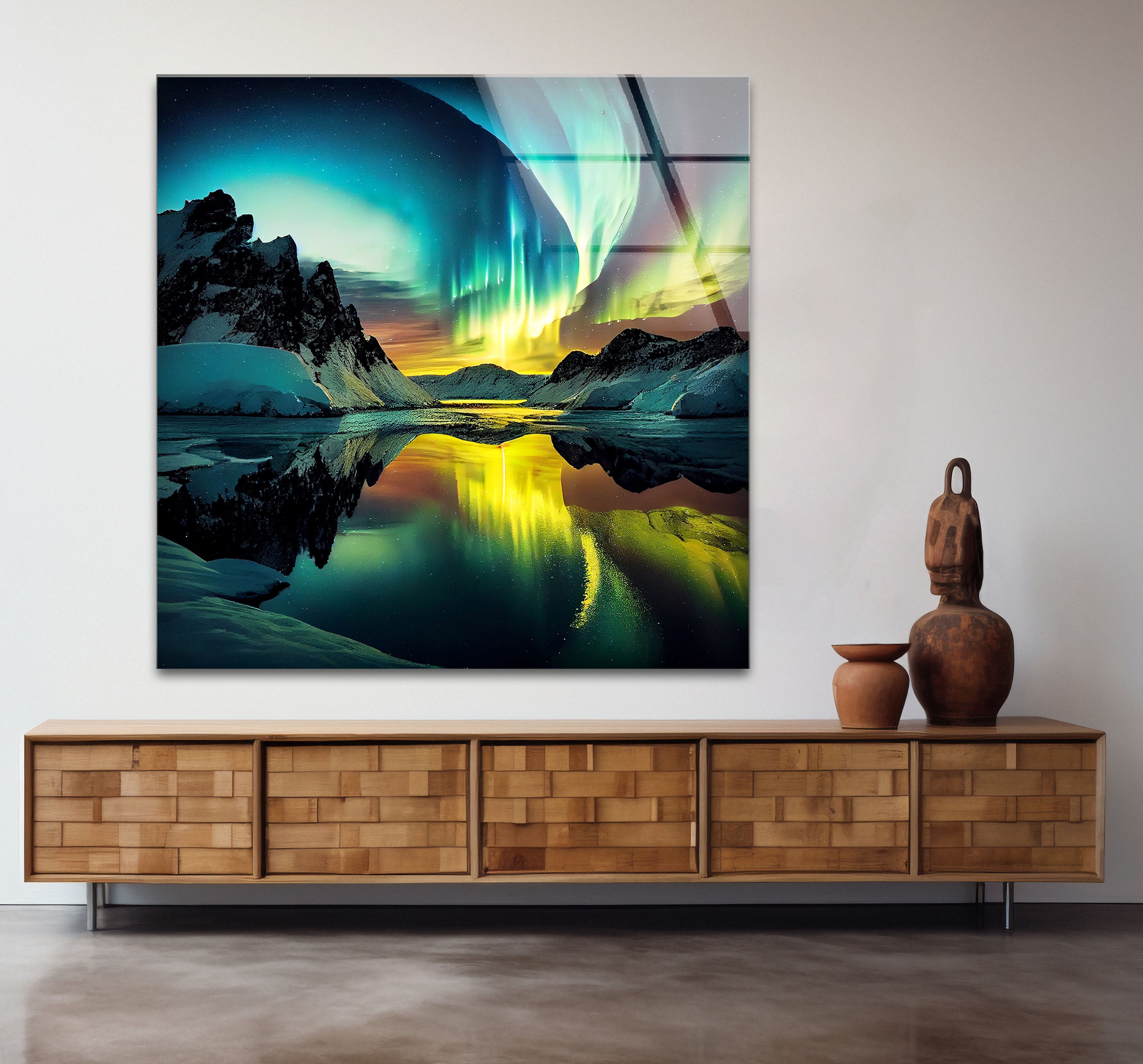 Aurora Borealis Glass Wall Art – Stunning Northern Lights Over Arctic Mountains – Perfect for Living Room, Bedroom & Office Decor