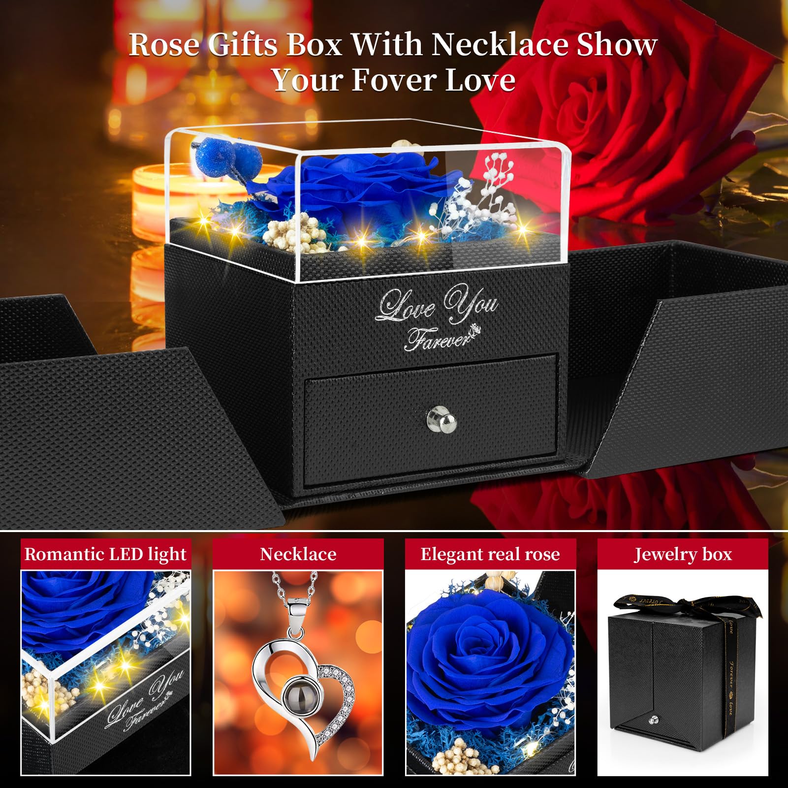 Preserved Blue Real Rose with 'I Love You' Necklace - Eternal Flower Gift for Mom, Grandma, Wife, Girlfriend | Romantic Birthday, Anniversary & Christmas Present for Her | Perfect for Valentine's Day, Weddings & Special Occasions