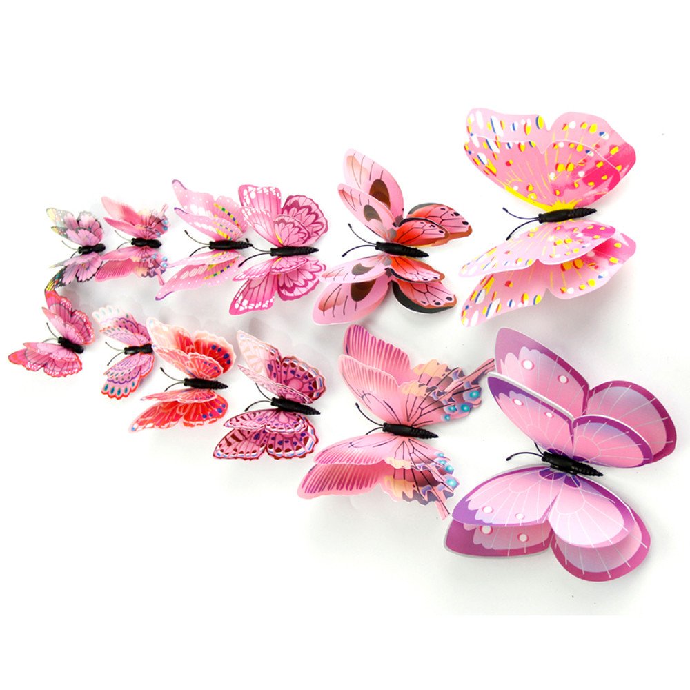 3D Butterfly Wall Sticker Set of 12 - Pink Fridge Magnets & Room Decals for Home Decor, Kids Bedroom, Nursery, Living Room | Waterproof Removable Wall Art for DIY Home Decoration