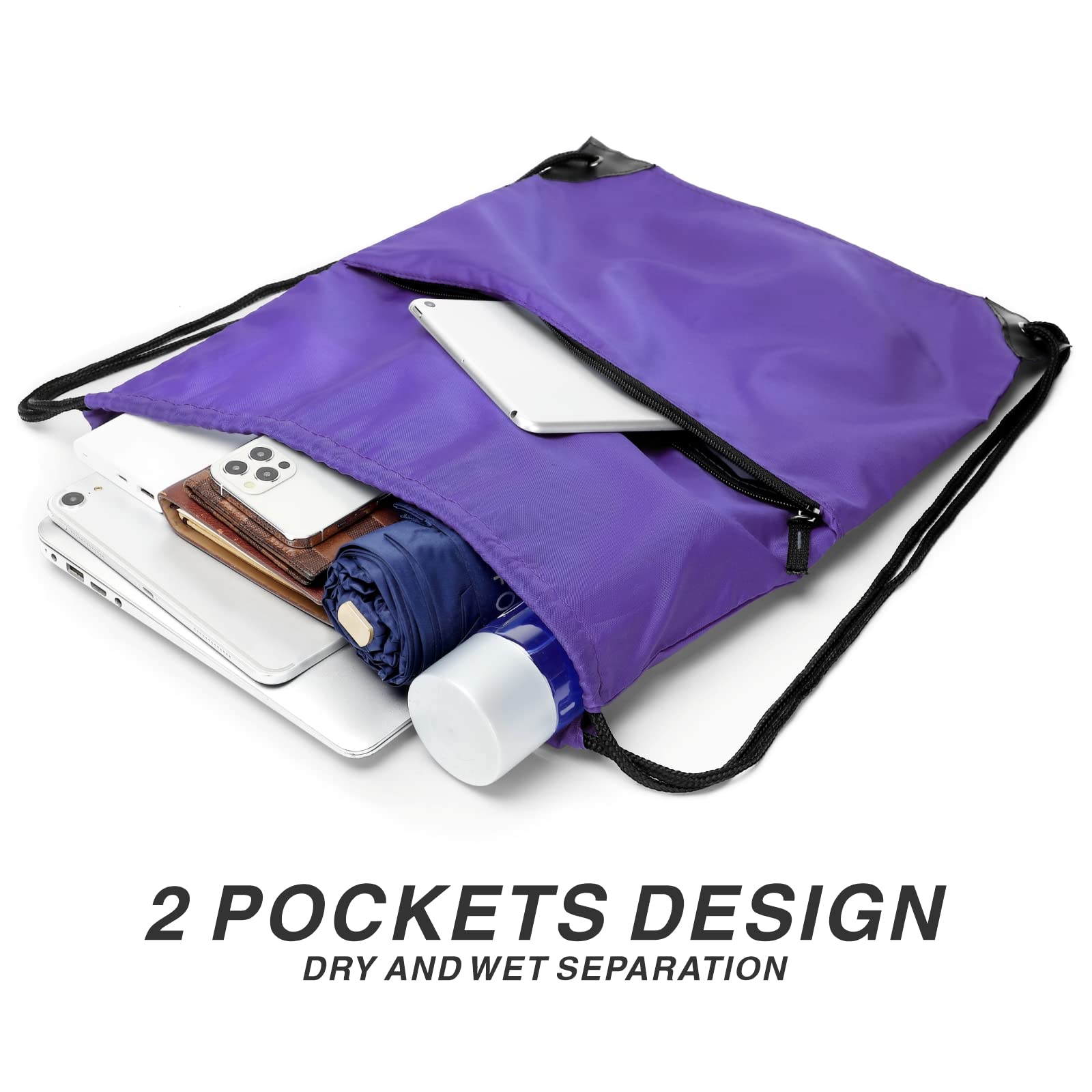 **Foldable 210D Nylon Drawstring Backpack with Zipper Side Pocket - Lightweight Sports Gym Sack for Men & Women (Purple) - Perfect for Travel, Workout & School**