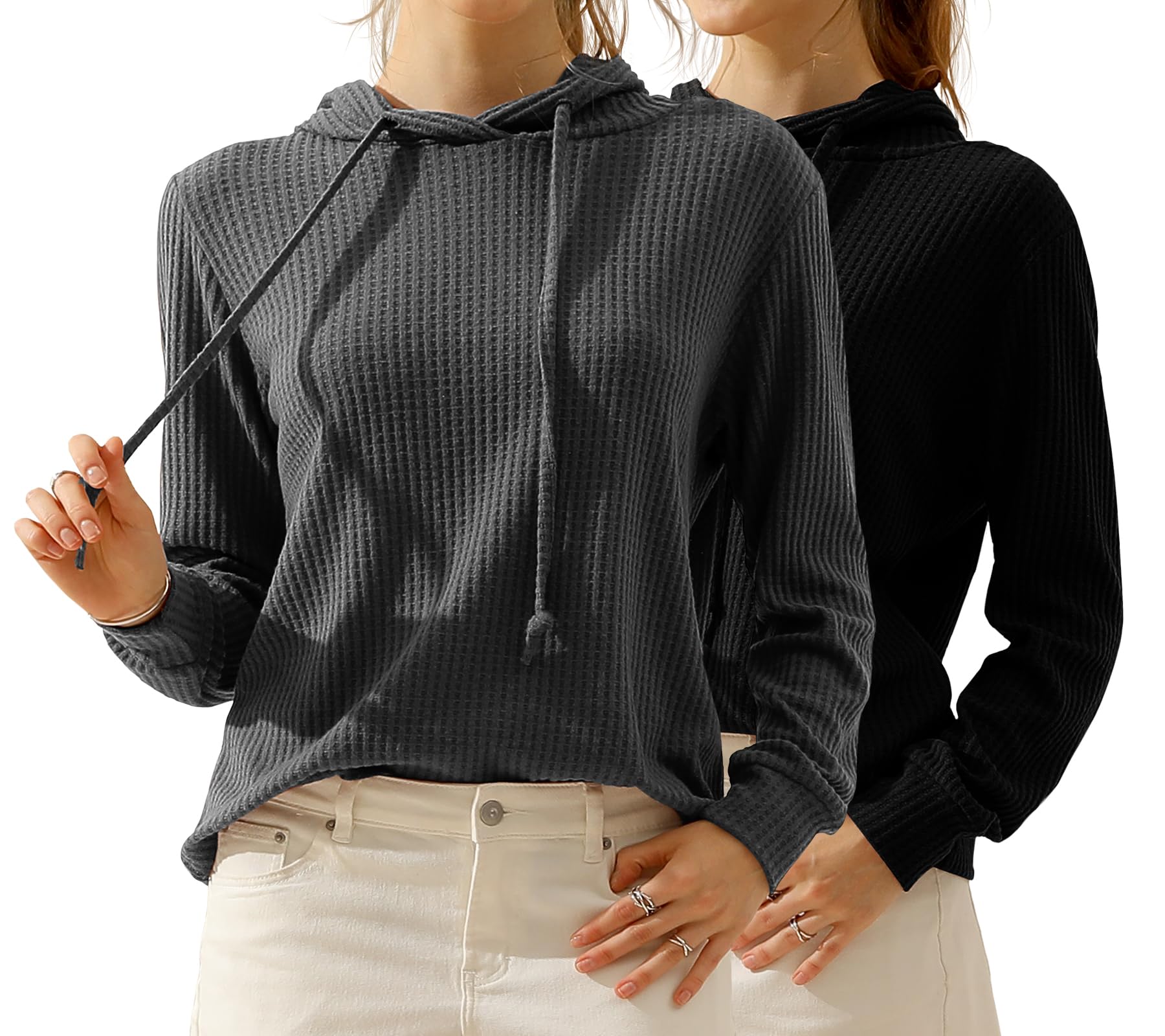 DOUBLJU 2 Pack Women's Oversized Hoodies - Long Sleeve Waffle Knit Sweatshirts, Casual Loose Hooded Tops for Workout, Lounge & Everyday Wear