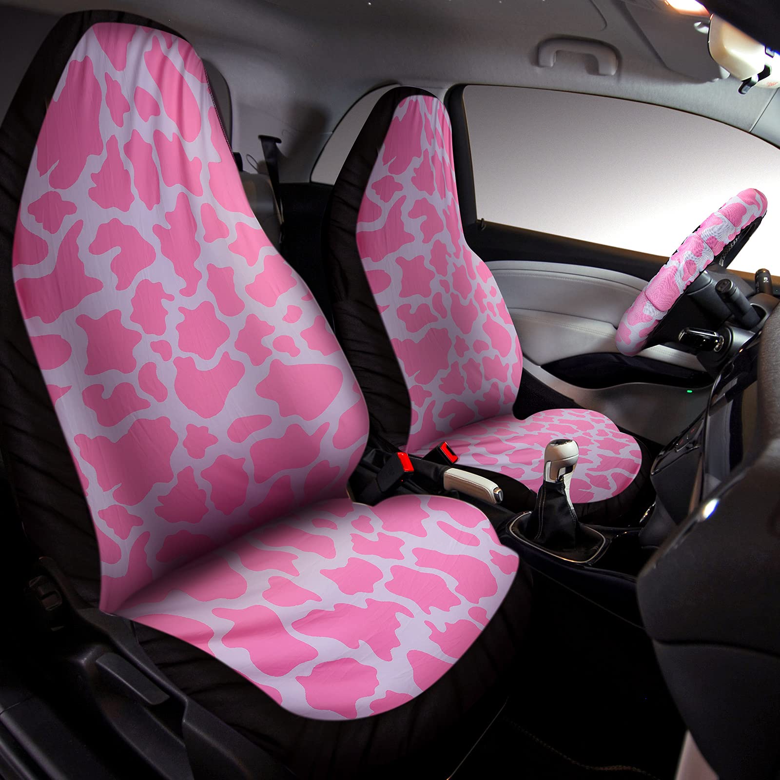 Frienda 26-Piece Cow Print Car Accessories Set - Cute Cow Pattern Seat Covers, Steering Wheel Cover, Floor Mats, Console Pad & Cup Holders for Women - Perfect for Jeep, SUV & Sedan Interior Decor