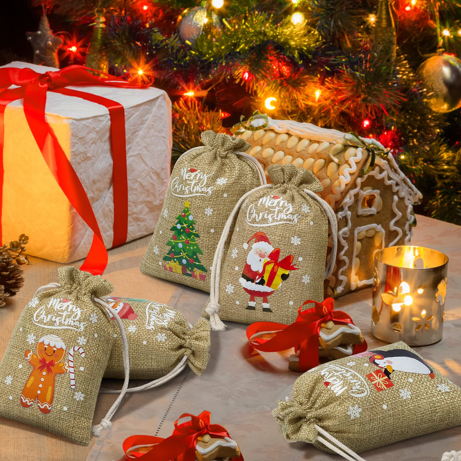 36Pcs Christmas Burlap Drawstring Gift Bags - Small Jute Xmas Candy Bags, Linen Treat Sacks for Holiday Party Favors, Reusable Gift Wrapping - Perfect for Christmas Gifts, Candy Treats, Party Favors & Holiday Decorations