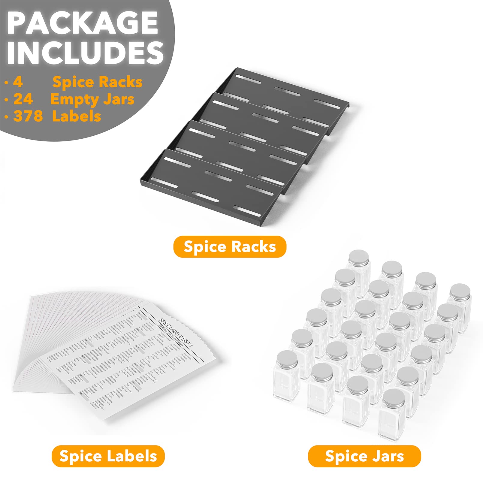 SpaceAid 4-Tier Spice Drawer Organizer with 24 Spice Jars & 378 White Minimalist Labels - 11.25