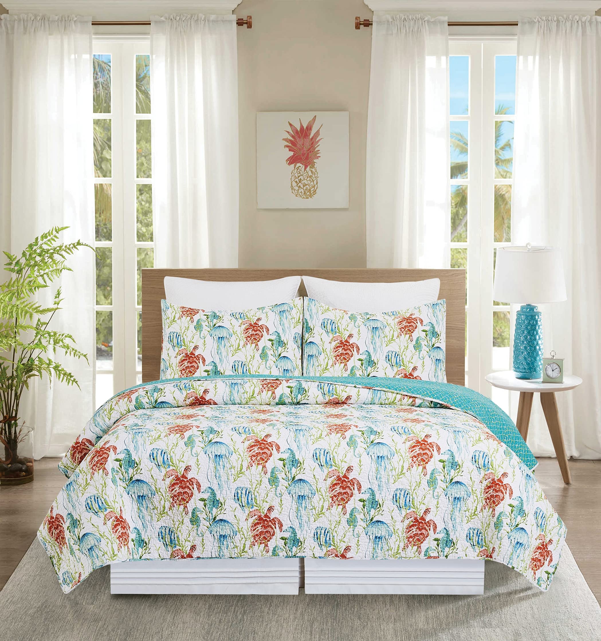 C&F Home Paradise Sound 3-Piece Full/Queen Quilt Set - Aqua Animal Icon Print, Coastal Ocean Beach Seaside Theme, 100% Cotton, Lightweight & Machine Washable, Reversible Bedspread Coverlet - Perfect for Beach House, Guest Room & Coastal Decor