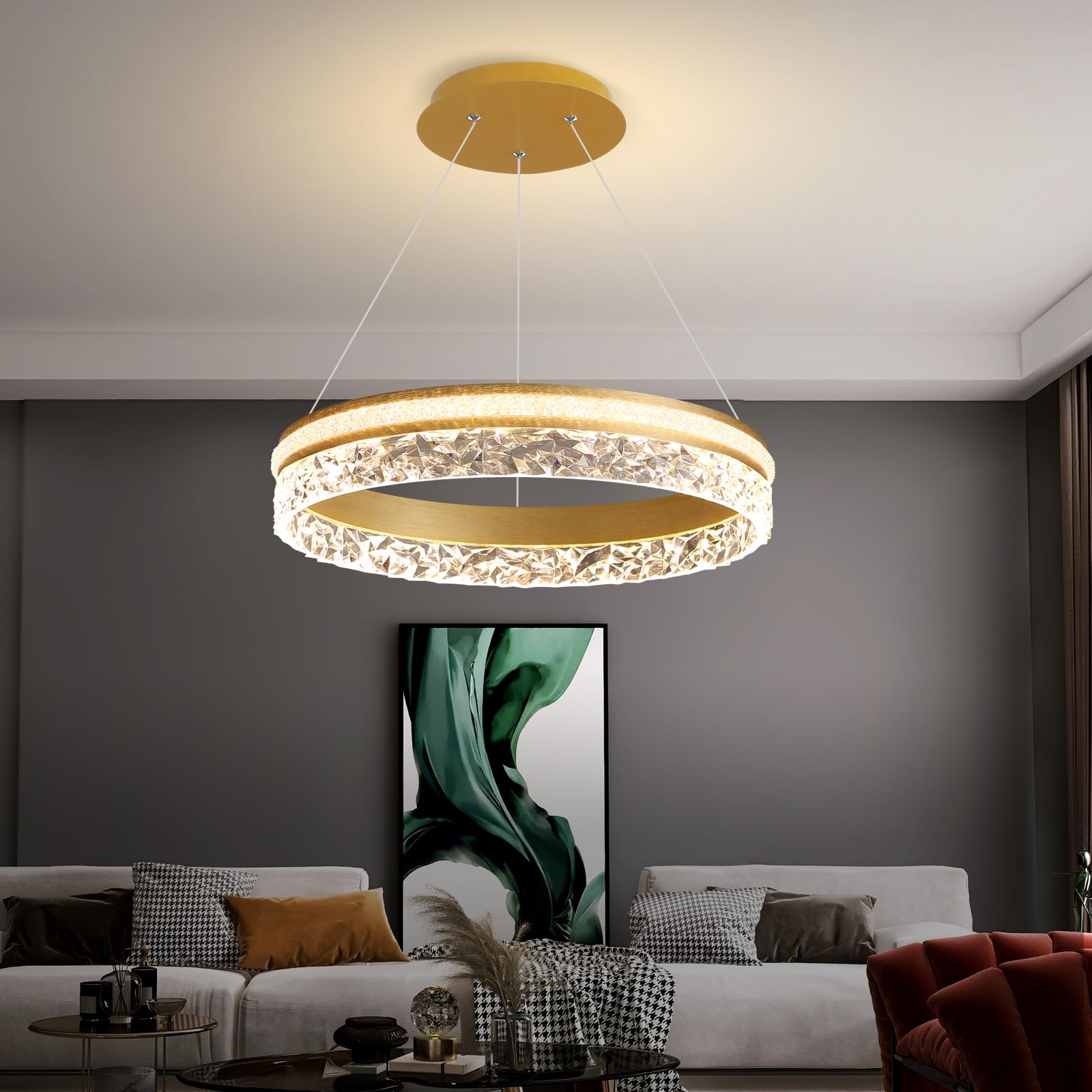 Modern Gold LED Chandelier - 19.7 Inch 1-Ring Dimmable Pendant Light with Remote Control, 50W Energy Efficient Hanging Light for Kitchen Island, Dining Room, Bedroom & Living Room | Perfect for Modern Home Decor, Dinner Parties & Cozy Ambiance Lighting