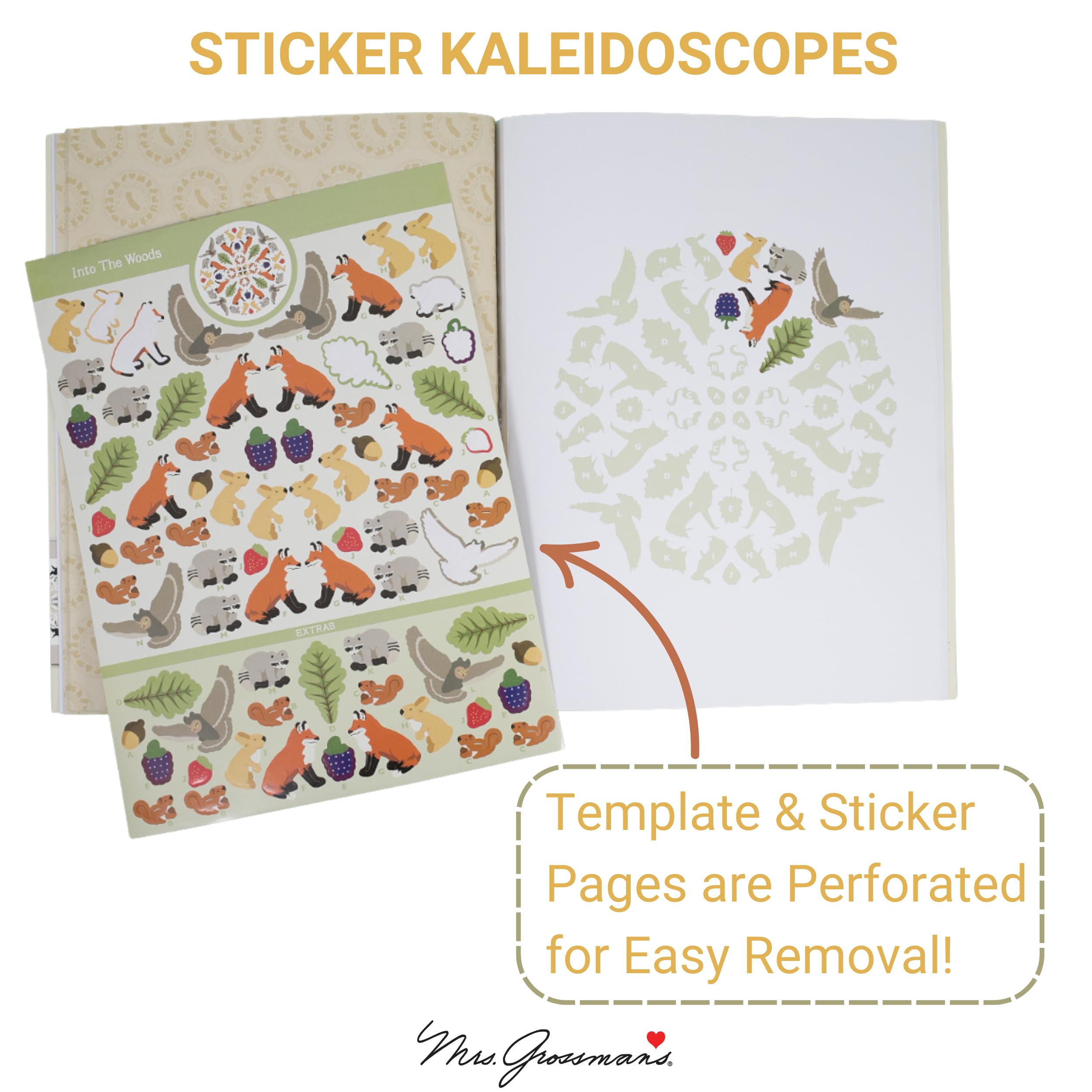 Mrs. Grossman's Sticker Kaleidoscopes Activity Book - DIY Mandala Art Kit with 500+ Stickers & 8 Designs, Sticker by Number for Kids & Adults, Creative Stress Relief & Mindfulness Activity (Animals Theme) - Perfect for Family Bonding, Party Favors & Art Therapy