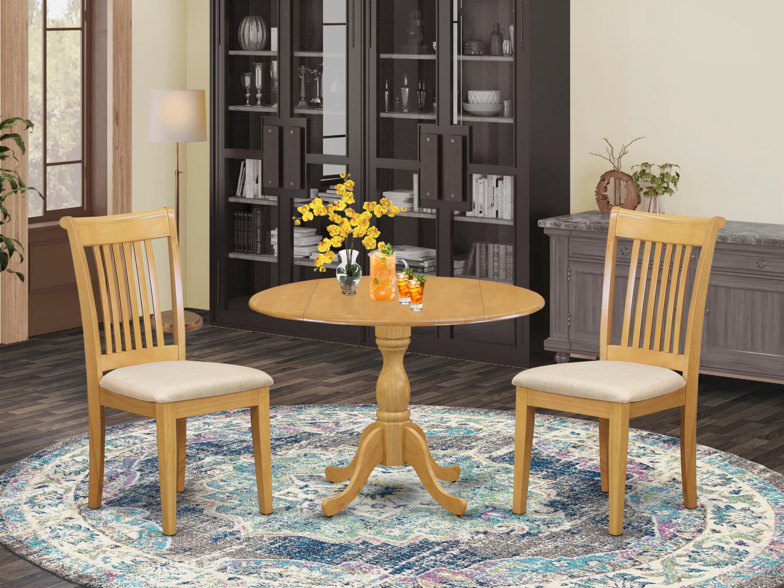 Modern 3-Piece Round Dining Table Set with Drop Leaf & 2 Upholstered Chairs - 42x42 Inch Oak Wood Table & Linen Fabric Chairs - Perfect for Small Spaces, Breakfast Nooks & Cozy Apartments