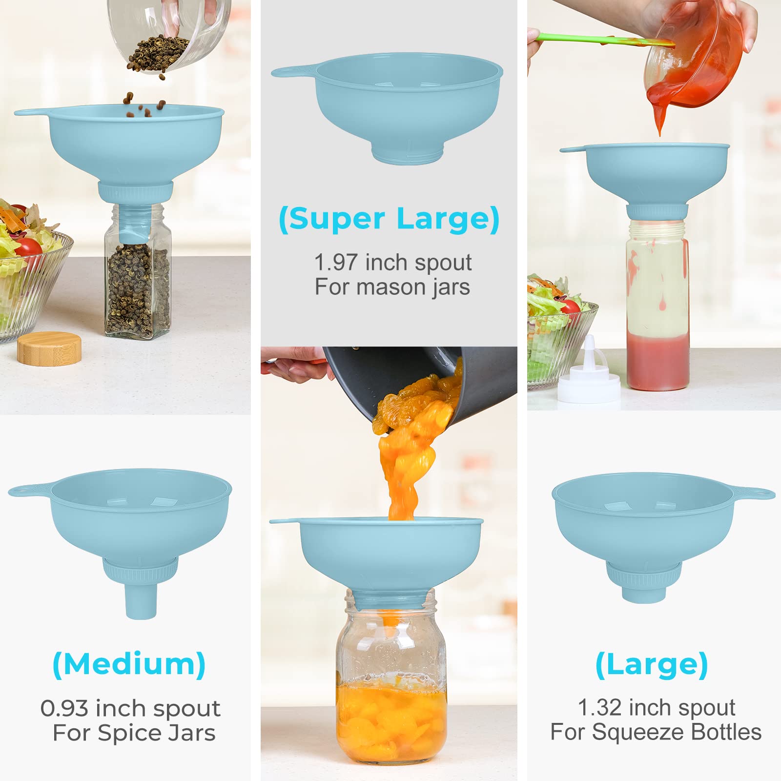 Premium Wide Mouth Kitchen Funnel Set - 4 Size Food Grade Plastic Funnels for Canning, Cooking & Filling Mason Jars - Ideal for Oils, Sauces, Spices, Shampoo & DIY Projects (Great for Home Kitchen, Baking & Preserving)